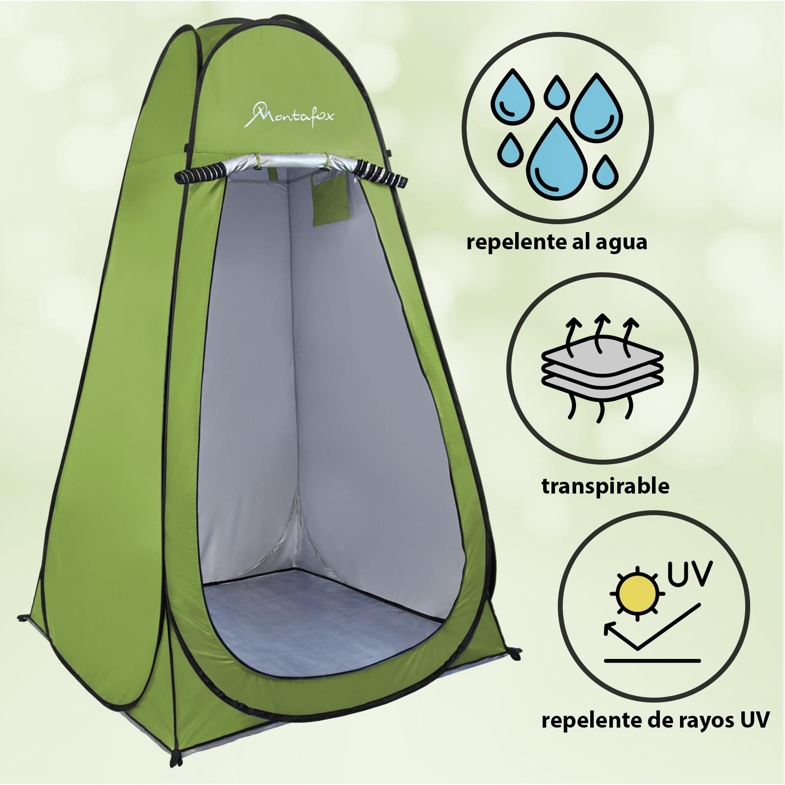 Montafox Tienda Ducha 2m XXL Pop Up Cambiador Camping Móvil Multifuncional Portátil Vestidor Baño Desplegable Verde