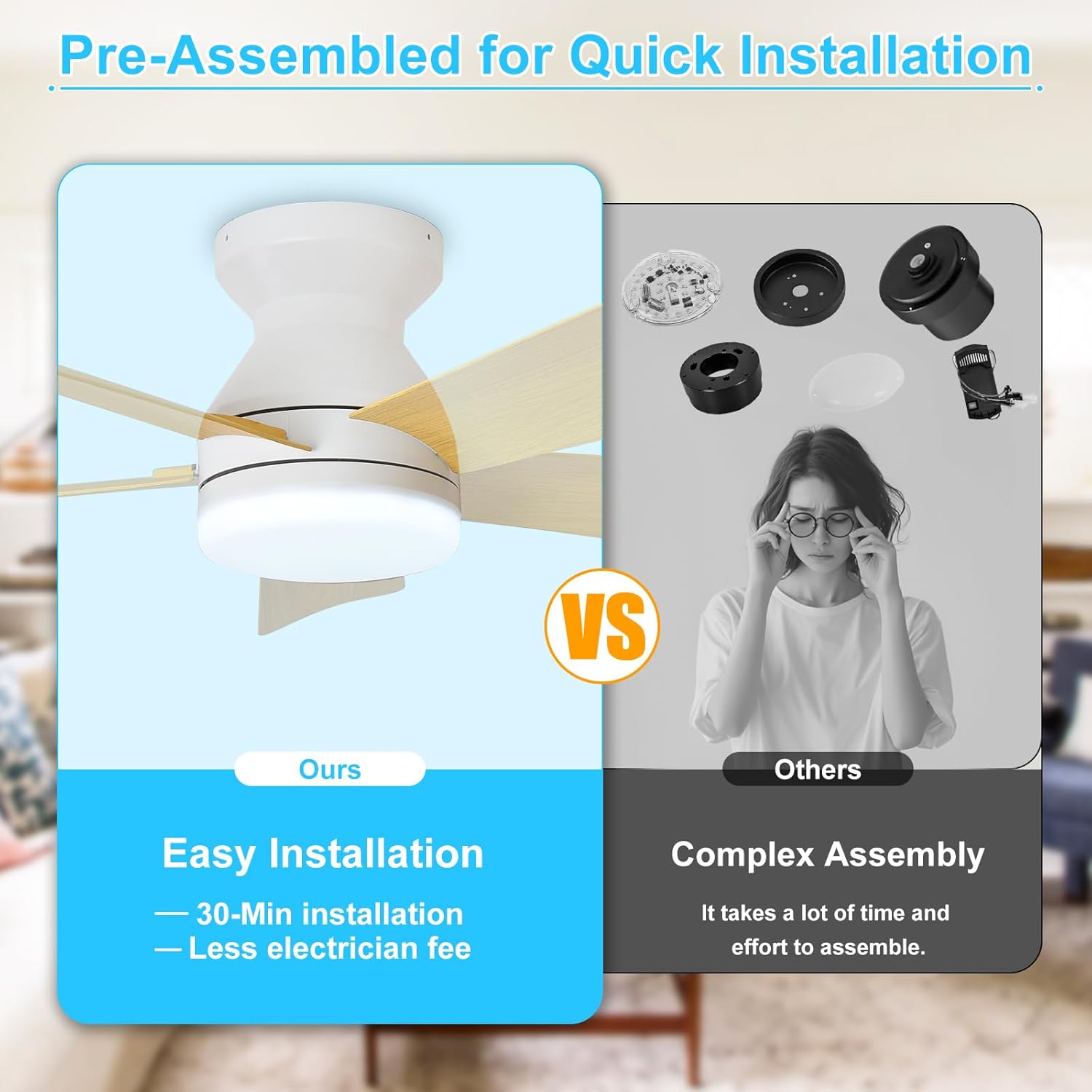 Depuley Modern Ceiling Fan with Light: 35-Inch White Small Fans for Bedroom Indoor Outdoor - Dimmable Low Profile Ceiling Fans with Remote Control Flush Mount 5 Reversible Wood Blades 6 Speeds Timer