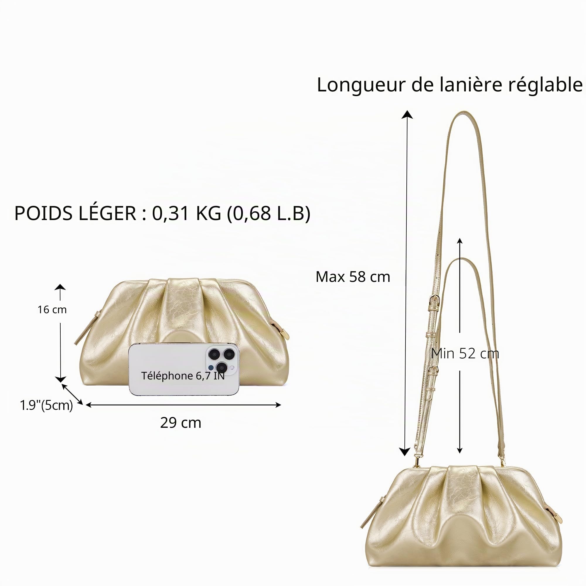 Pochette de soirée élégante pour femme - En cuir synthétique - Avec fermeture éclair - Pour mariage