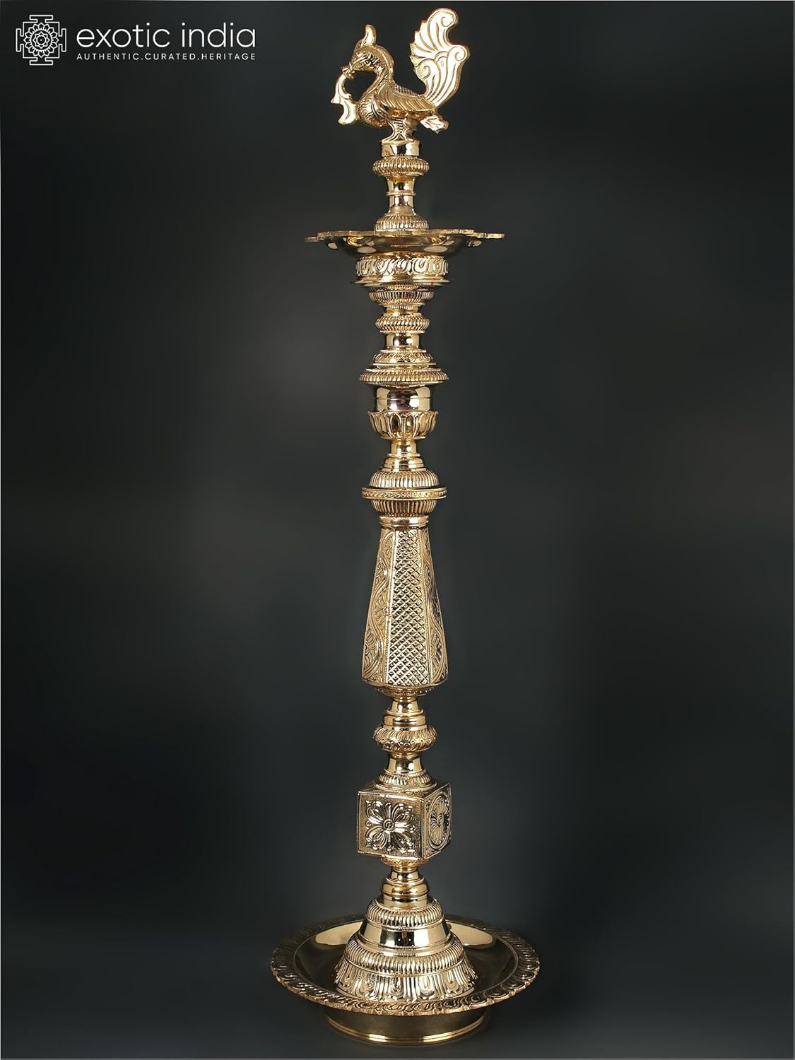 Exotic India 39" Grand Annam Peacock Brass Oil Lamp Large Traditional South Indian Annapakshi Deepam for Temple and Mandir