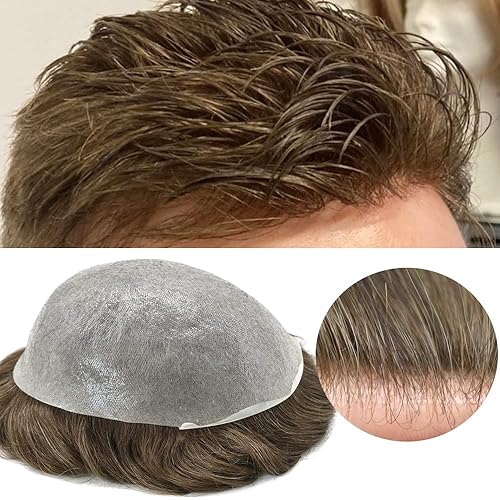 Miniatura 216 de Mens Toupee Real Human Hair Piece 0.06mm Ultra Thin Skin Toupee V-loop Natural Looking Hair Pieces For Men Hair Replacement System8x10-90% light