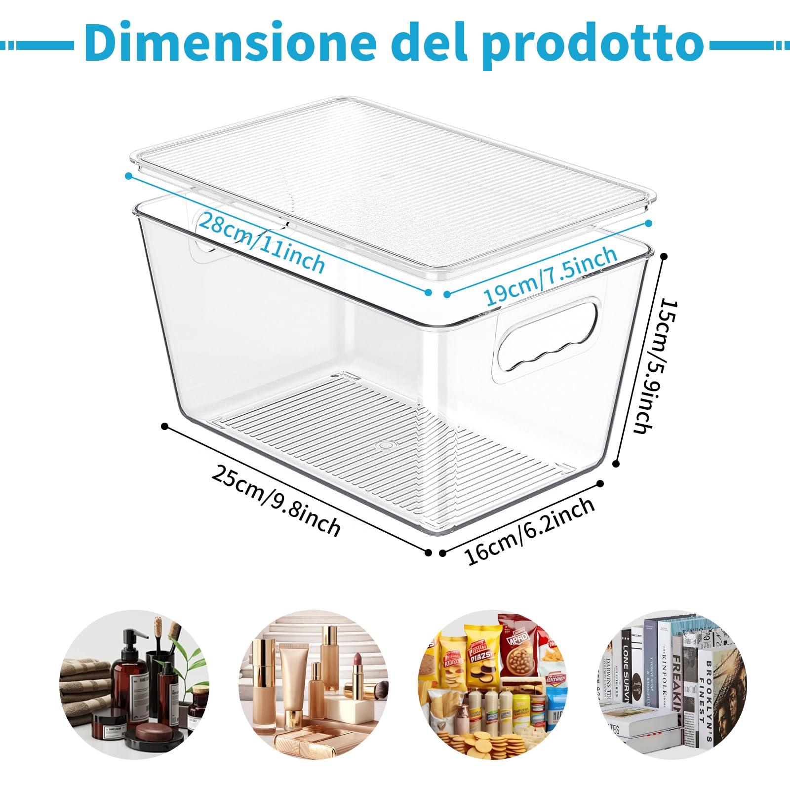 Confezione da 6 contenitori trasparenti con coperchio, contenitori impilabili in plastica con manici facili da impugnare per l'organizzazione di mobili da cucina, dispensa, frigorifero e congelatore