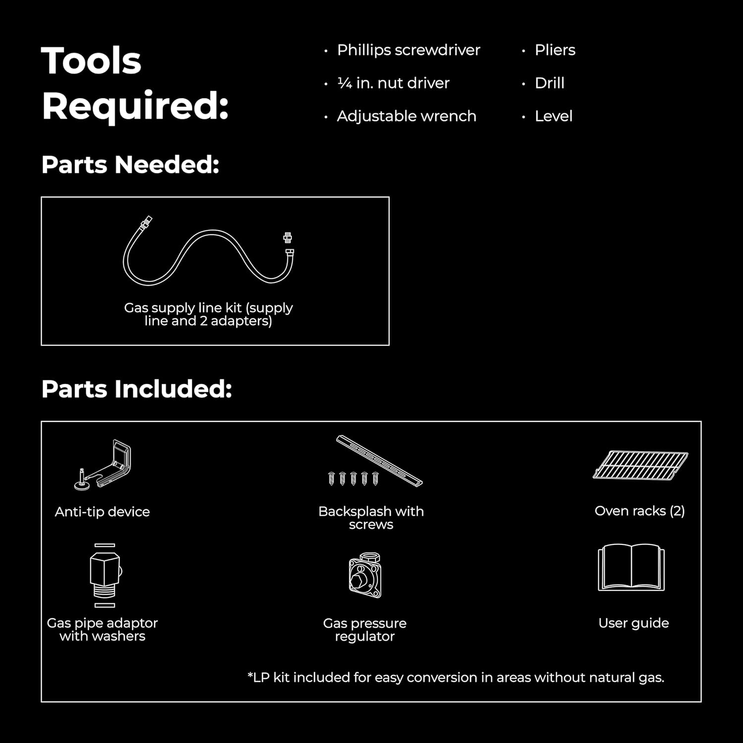 Diagram showing tools required and parts included for Kenmore gas range installation, including a Phillips screwdriver, pliers, nut driver, adjustable wrench, drill, level, anti-tip device, backsplash, oven racks, gas pipe adaptor, gas pressure regulator, and LP kit.