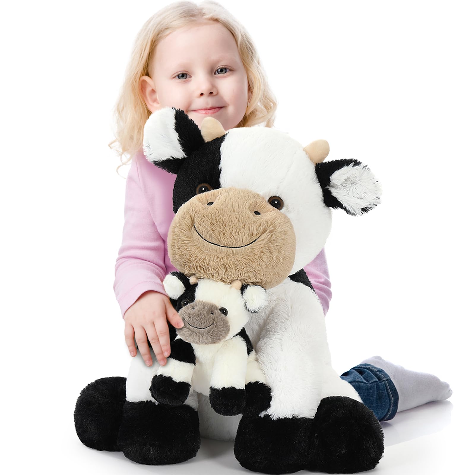 KERTA 2-in-1 Large Cow Stuffed Animals, 20 inch Big Stuffed Mommy Cow with Cute Baby Cow Plush Toy Hugging Soft Plush Pillow for Boys Girls
