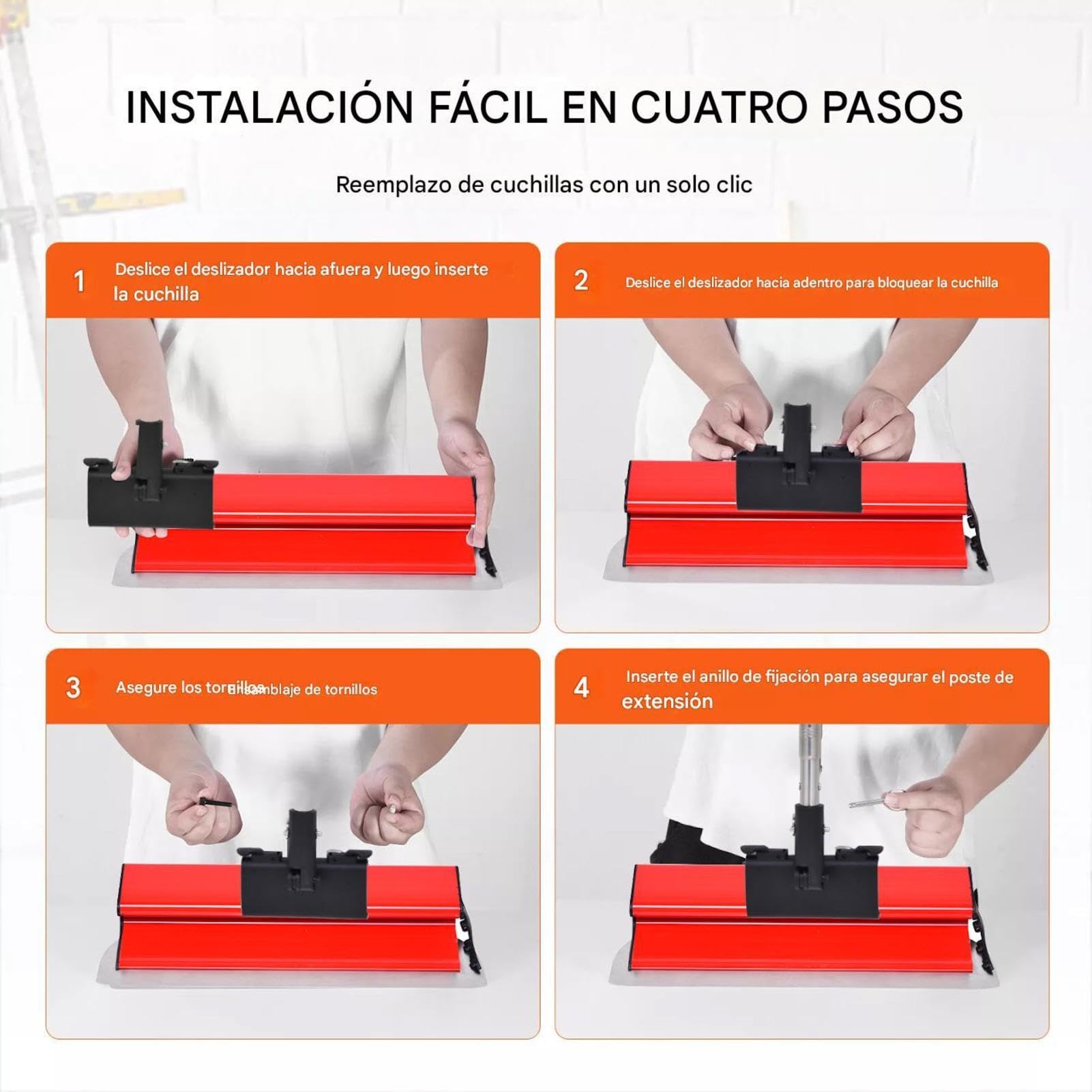 Llana para alisar paredes telescópica juego de espátulas con mango extensible 86-207 cm y 10 tamaños de cuchilla (155-955 mm), mango ergonómico Z, para pladur y pintura – incluye rodillo Rojo