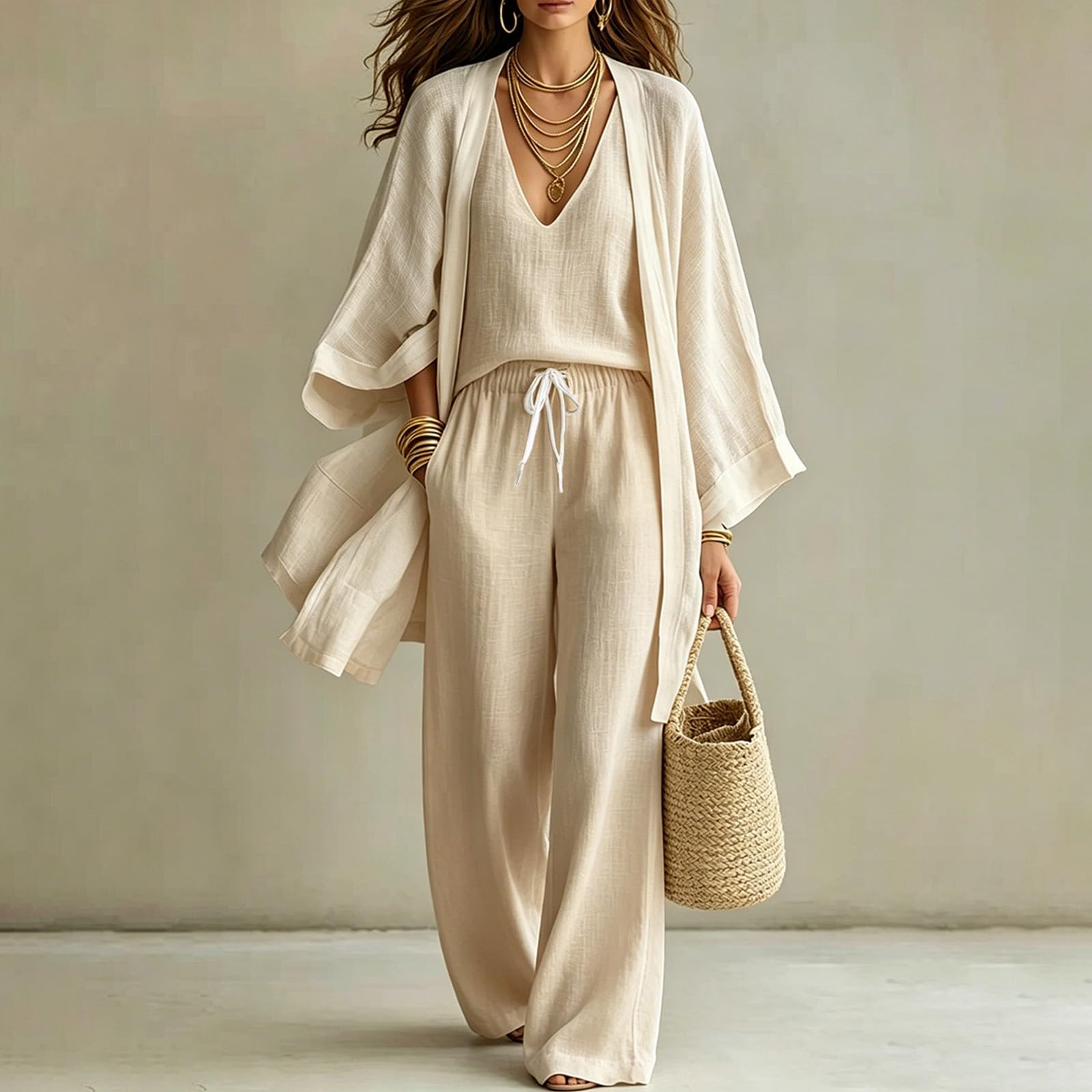3 Pezzi Set Donna Lino Tuta Sportive Leggero Veste + Cardigan + Pantaloni