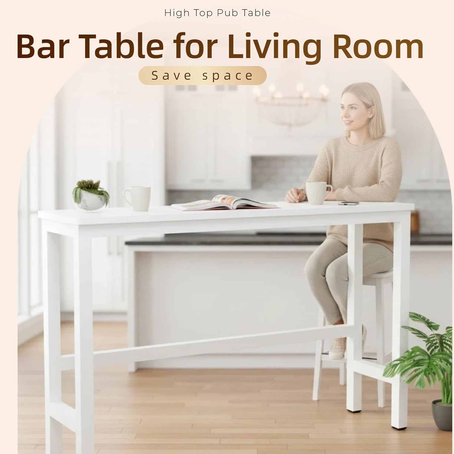 Bar Table, Narrow Long Kitchen Dining Table, Sturdy Metal Frame, High Top Pub Table Rectangular Height Sofa Console Coffee Table, for Living Room(White,100x40cm/39x16in)