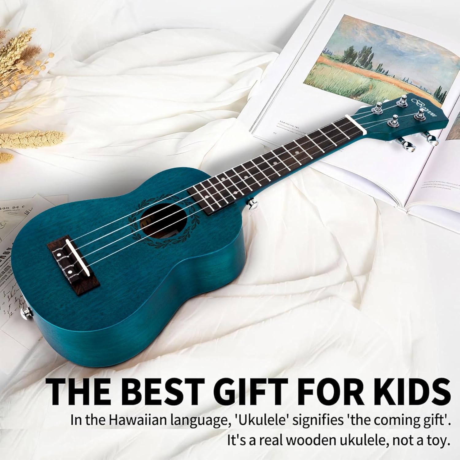 21 Inches Ukulele Beginner Kids and Adult Student Travel Wooden Soprano Mahogany Ukelele Kits with Tuner Gig Bag Strap Carbon Nylon String Picks Cloth Gift Choice (Blue)