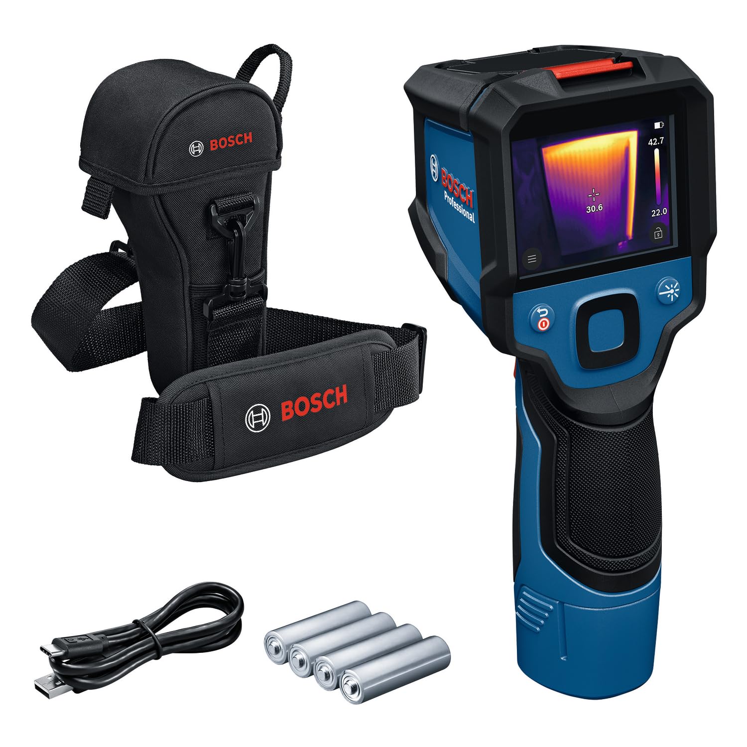 Bosch Professional TermoGTC 12V-450-13 (risoluzione 256x192 px, da -20°C a +450 °C, doppia fonte di alimentazione, adattatore batteria AA1, 4x 1,5 V LR6 AA, custodia, cavo USB-C®, scatola pieghevole)