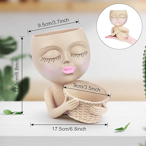 Miniatura 2 de Hzdyopk Maceta de cara con agujero de drenaje con ojos cerrados, elegantes macetas de cabeza de resina para bricolaje al aire libre e interior