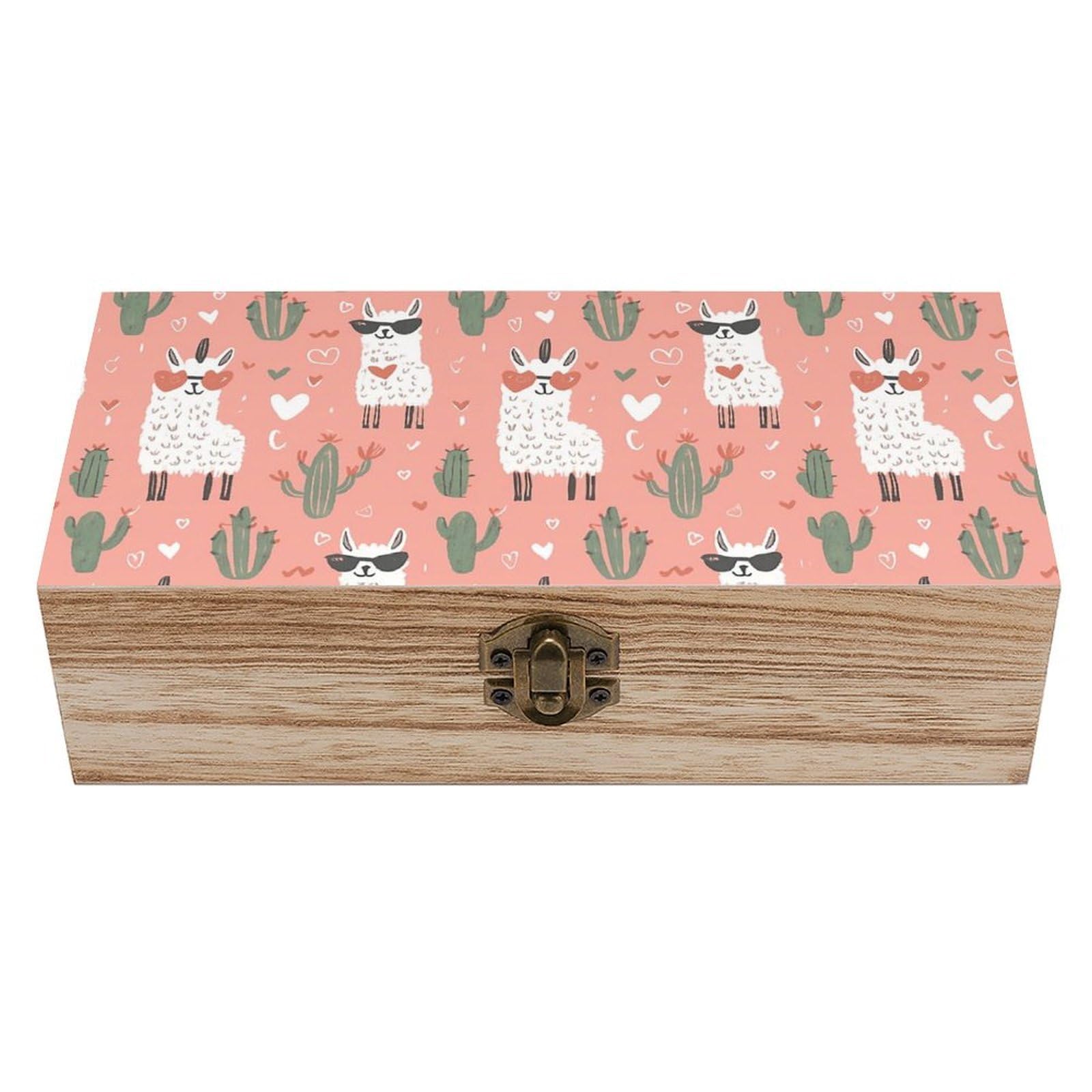Oudrspo Lovely Llama with Sungalsses, Cactus Retro Wooden Storage Box Keepsake Jewelry Decorative Art Storages Box Gift Boxs