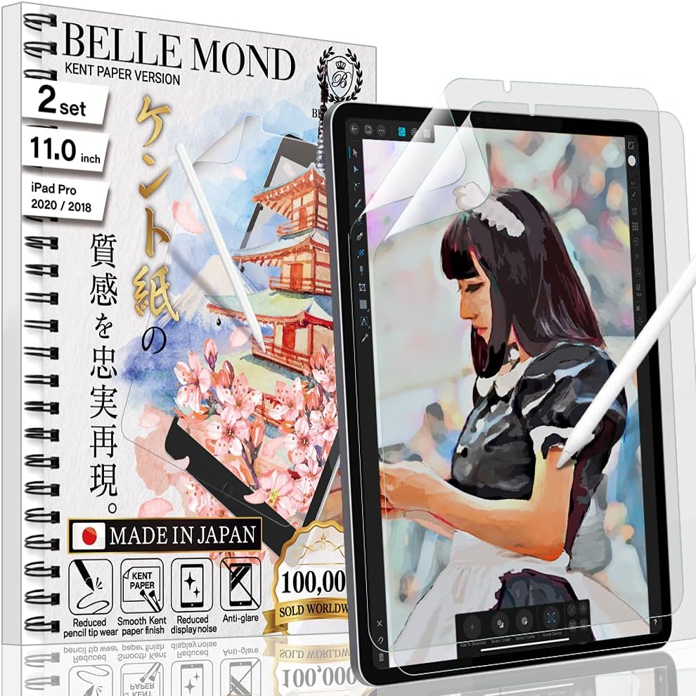 BELLEMONDKent Paper Screen Protector for iPad Pro 11” (4th/3rd/2nd/1st Gen, 2022/21/20/18) | Smooth Surface PET Film for Sketching & Note-Taking | Made in Japan | 2 Set