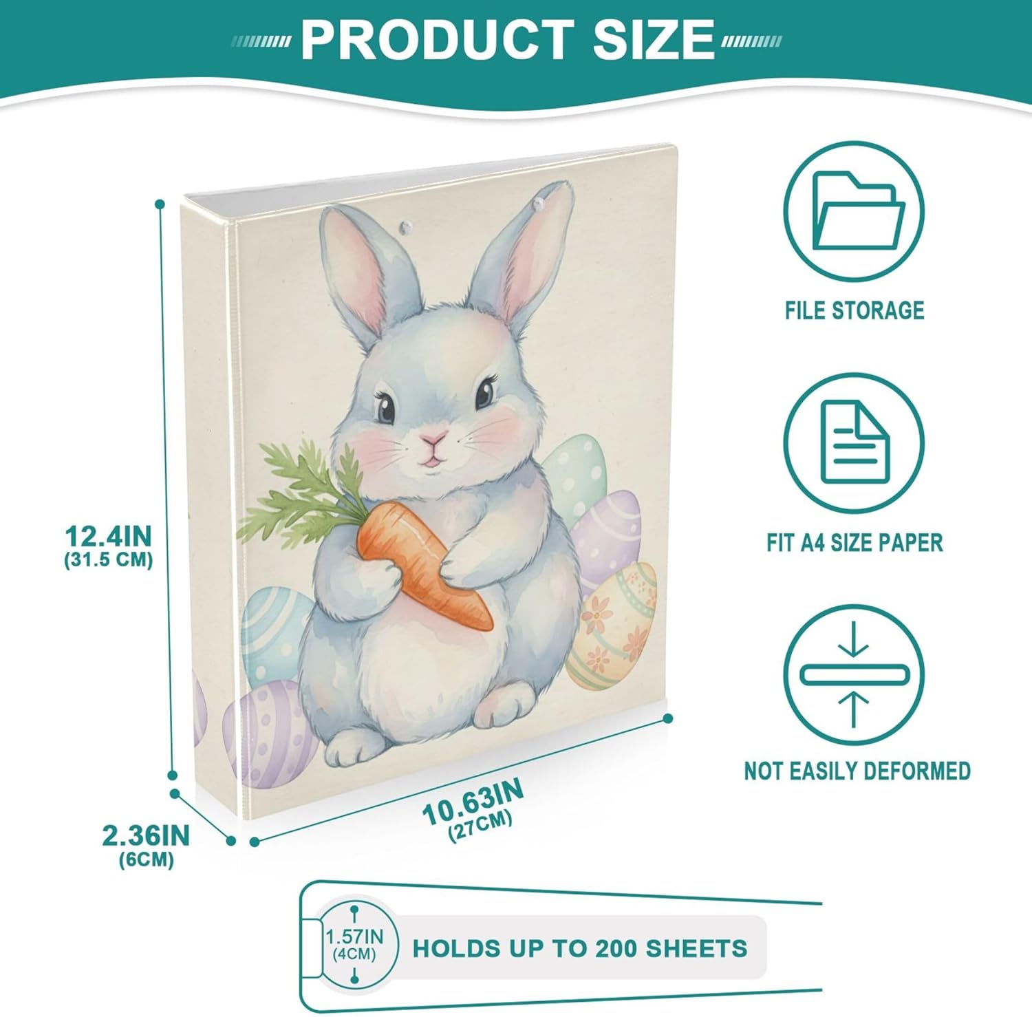 Happy Easter Bunny Eggs 3 Ring Binders, 1.5” Round Ring Binders with Clipboard - Letter Size, 3 Interior PVC Clear Pockets & Anti-Slip Clip for Office School Supplies, 2PCS