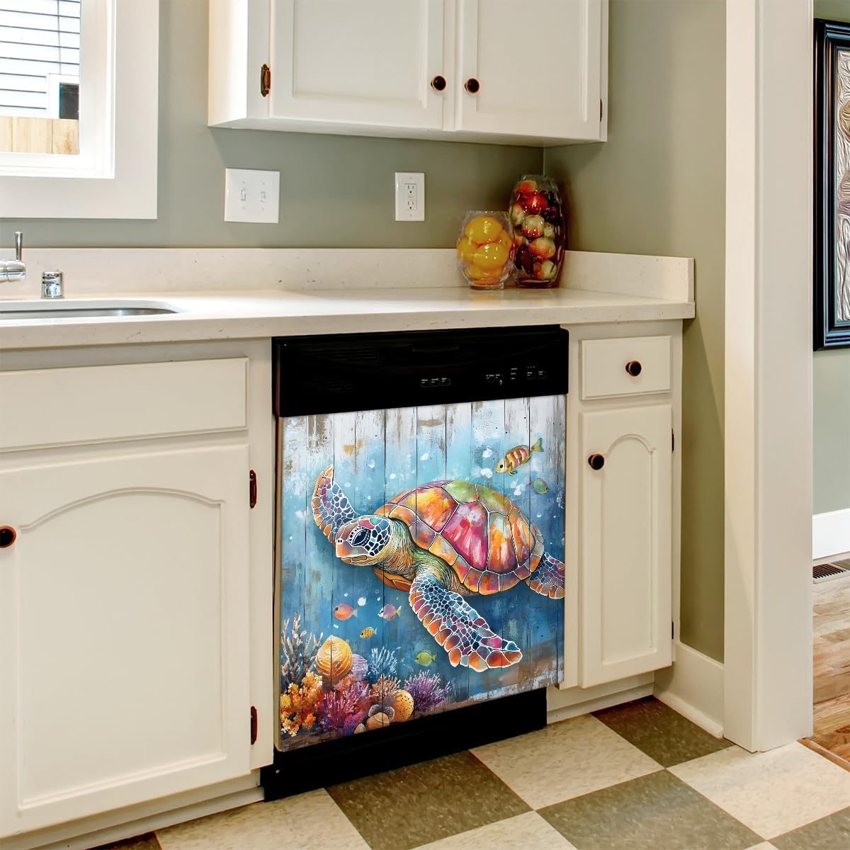 Beach Wood Turtle Dishwasher Magnet Cover, Scratch Resistant Trimmable Dishwasher Magnet Cover, for Kitchen Appliance Dishwashers Fridge Reusable Magnets Decoration 23 x 26 inch