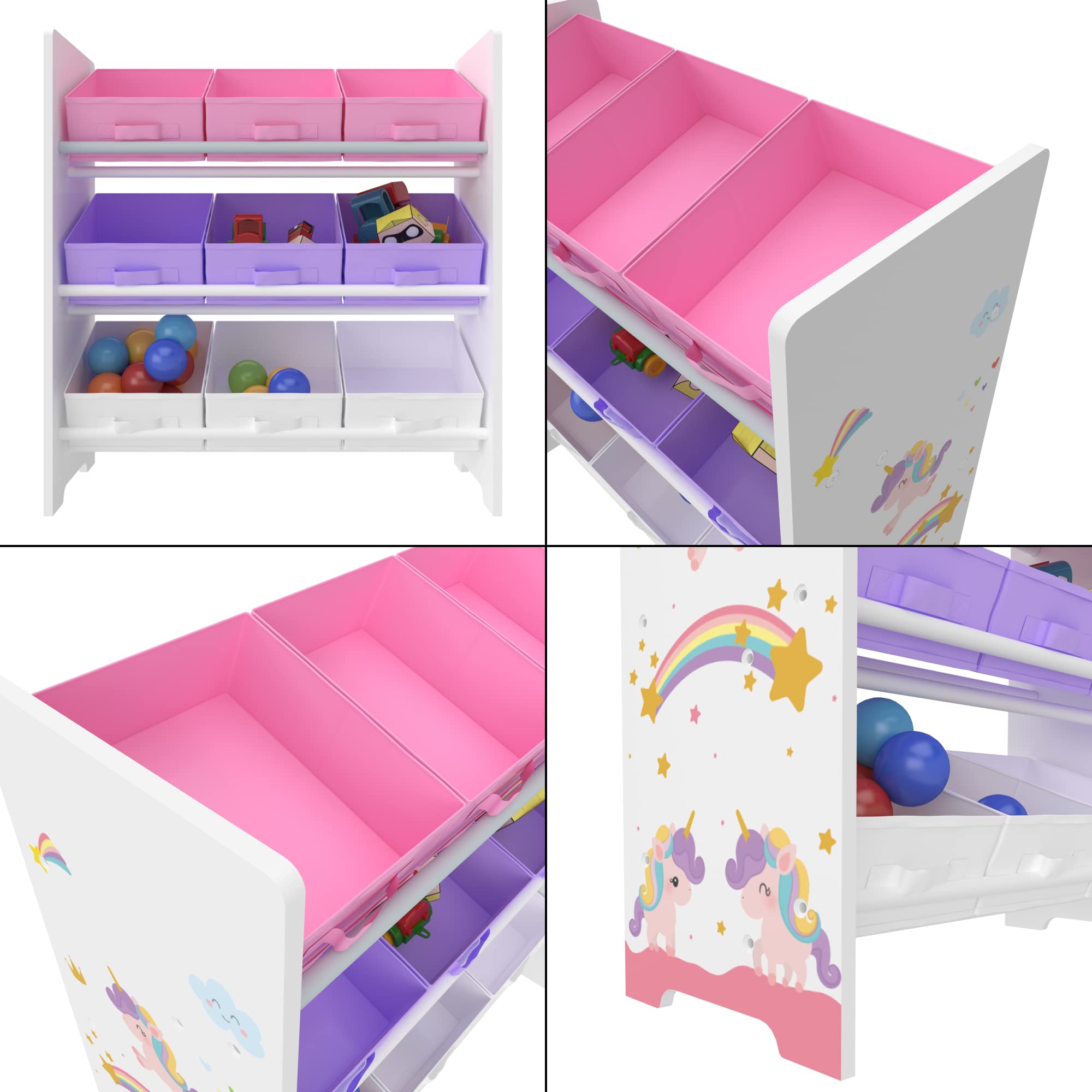 [en.casa] Scaffale Portaoggetti Montessori per Bambini Mobile Contenitore per Cameretta con 9 Cassetti Inclinati in Tessuto e Struttura Decorata 60x62x30 cm Design Unicorno