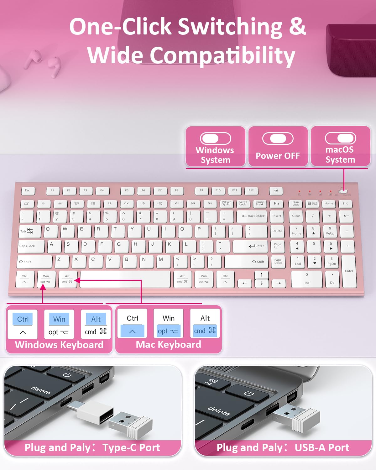 FENIFOX Wireless Silent Keyboard, Ultra Quiet USB C Low Profile Compact Full Size with Number Pad Flat Slim Thin Soft Touch for Mac Computer MacBook iMac PC Laptop Desktop Office (Pink Rose Gold) - 2