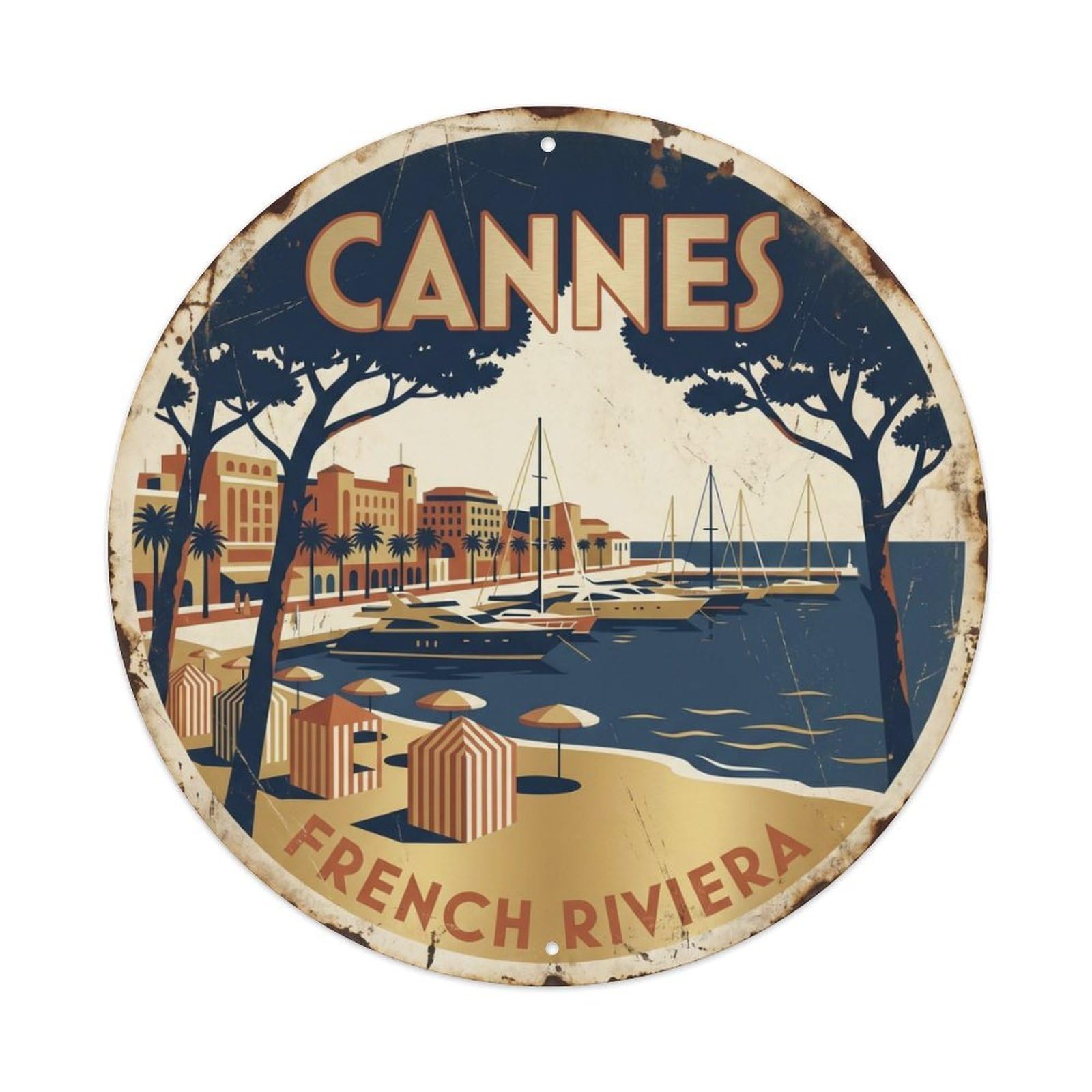 Vintage Travel Cannes Beach Riviera Metal Tin Sign Plaque Wall Decor for Cafe, Club Bar, Office, Home Garden Round Metal Poster 8x8Inch