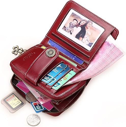 Miniatura 6 de Carteras de moda de cuero genuino para mujer, carteras cortas de piel vacuno con cadena, lindo monedero pequeño monedero monedero cartera para