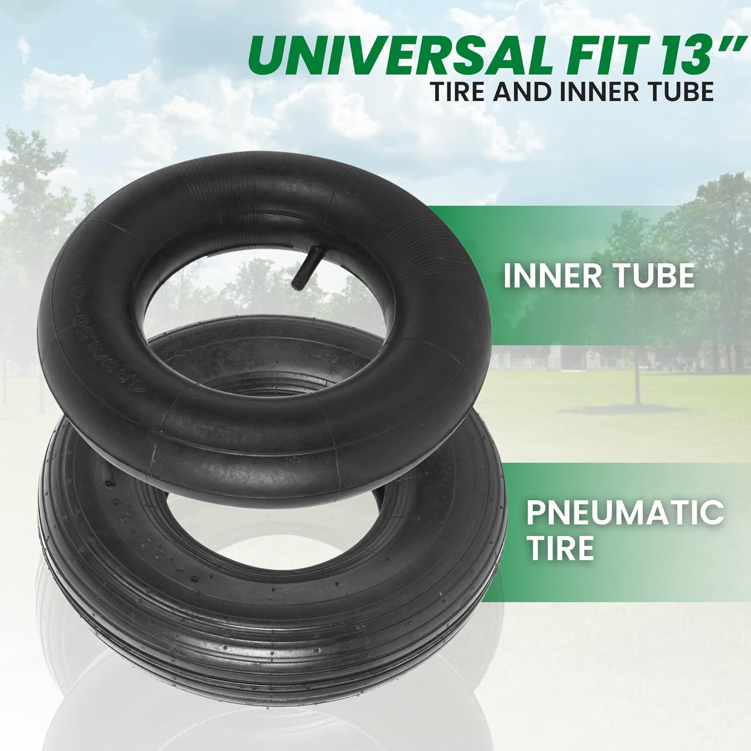 (2 Sets) 4.00-6 Replacement Pneumatic Tires and Inner Tubes - Universal Fit 13” Tires and Tubes Compatible with Wheelbarrows and Gorilla Carts - With Ribbed Treads and TR13 Straight Valve Stems