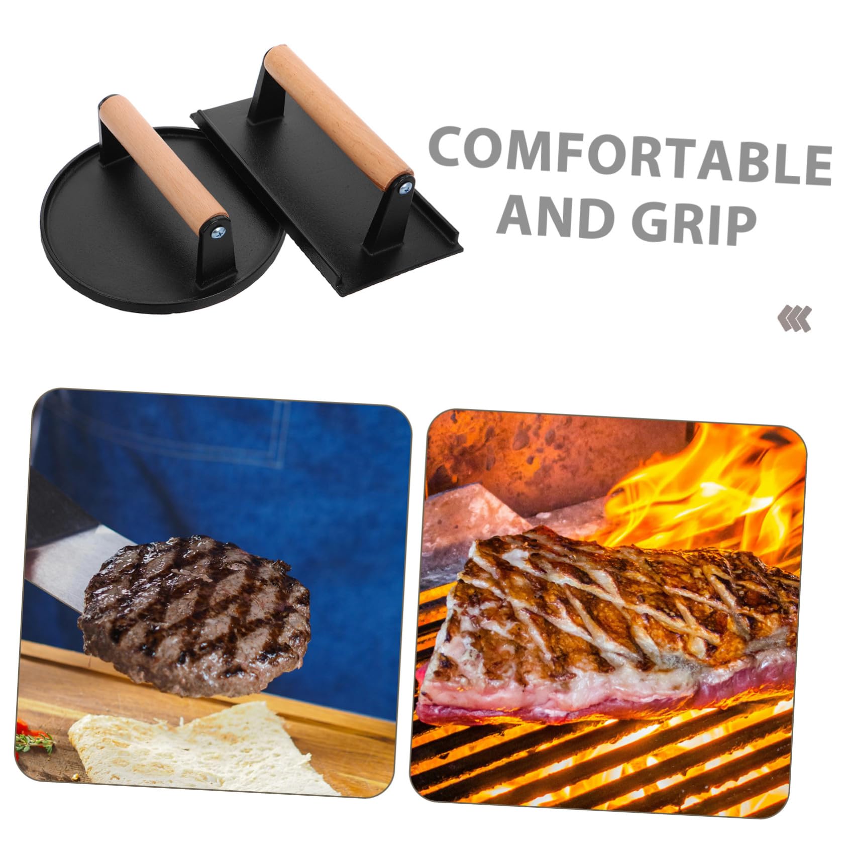 Sosoport Prensa Uso Multifuncional con Mango de Madera de Hierro Fundido para Hamburguesas Diseño sin Recubrimiento, 2 Piezas en Cocina para Tocino y Otras Carnes