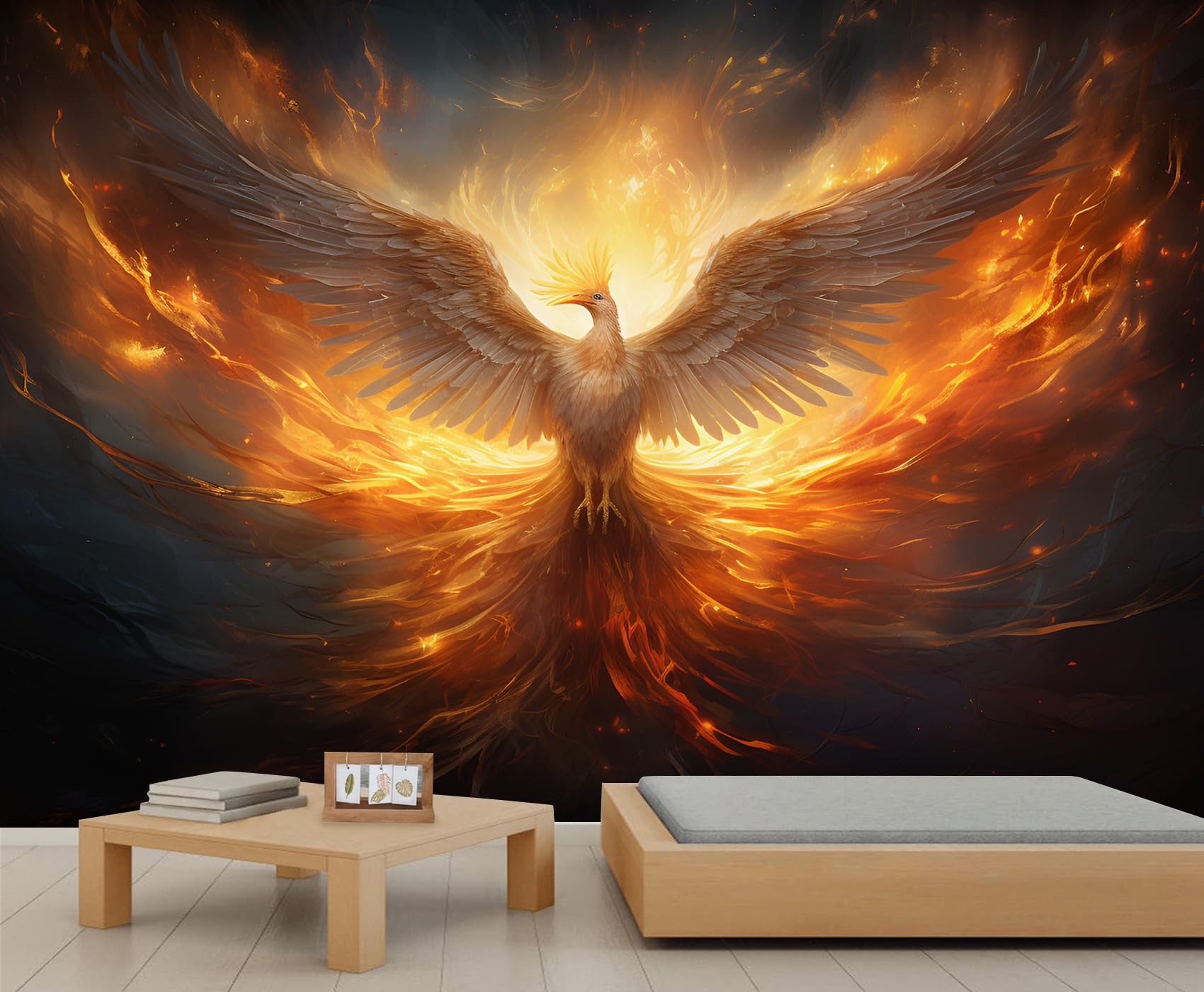 Papier Peint Phénix Doré 450 x 305 cm au Design Oiseaux à Flammes