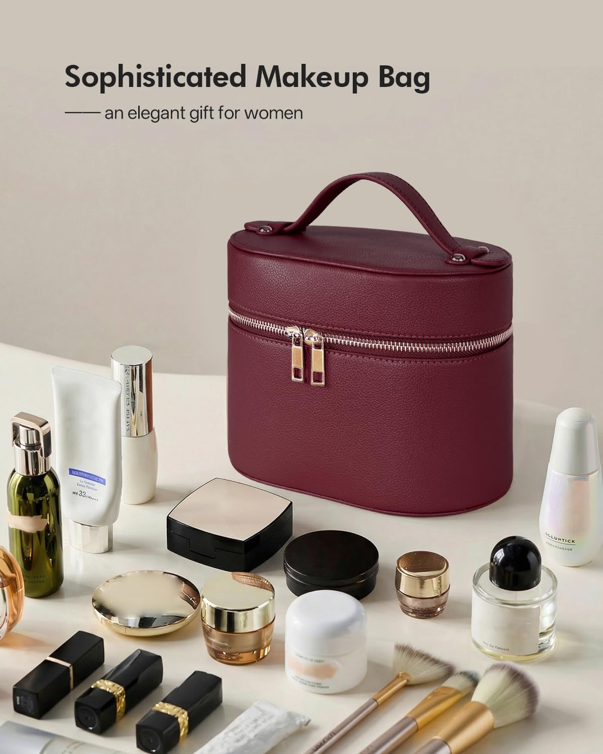 Prite 2 Stück Kosmetiktasche Damen Reise Kosmetikkoffer Hartschale, Rot | Schminktasche,Make Up Tasche,Kulturtasche,Abnehmbare Fächer,Durchsichtige Kleine Beutel,Veganer Leder,Geschenkbox Inklusive