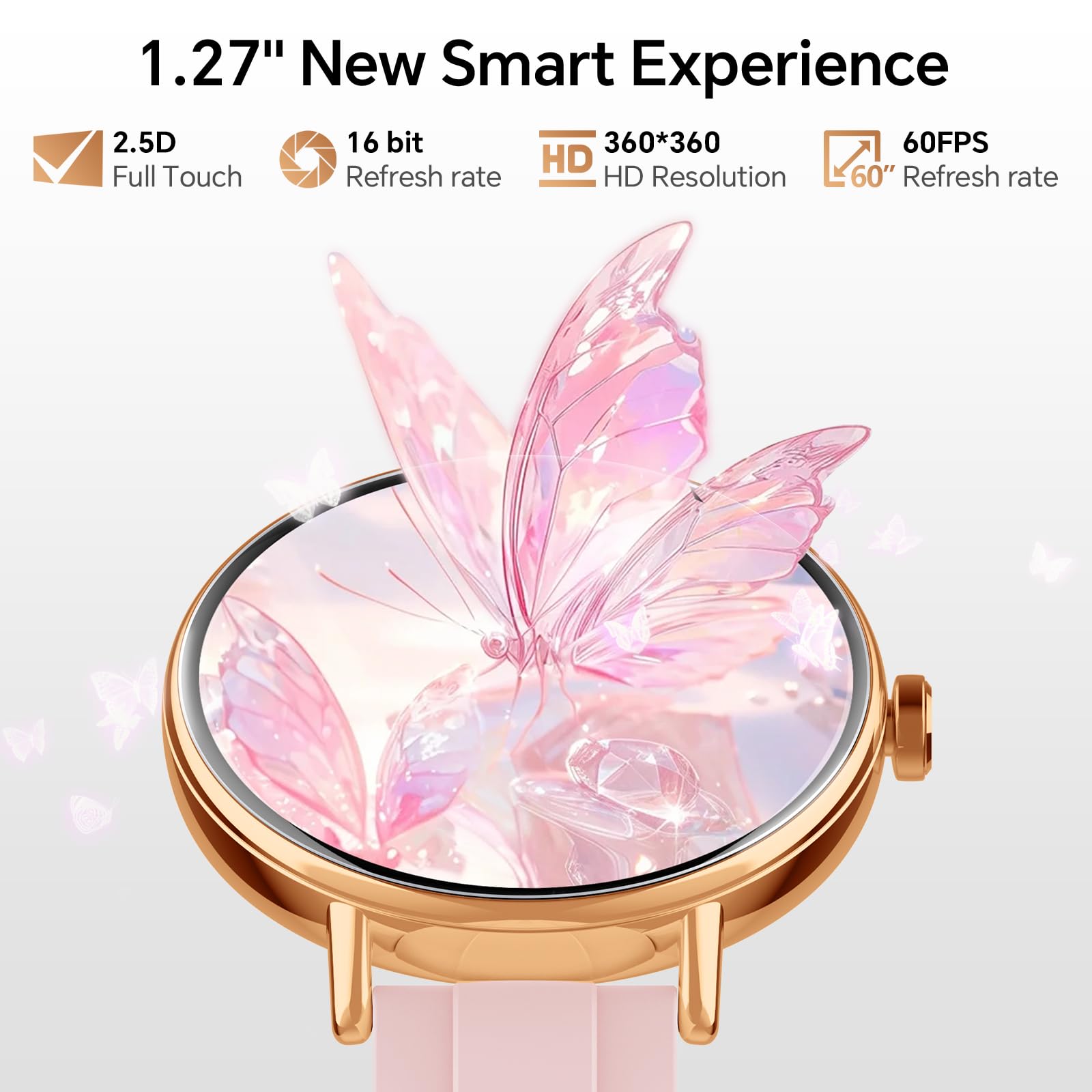 Smart Watches for Women,1.27" HD Fitness Tracker Answer/Make Call, Heart Rate/Sleep/SpO2，Round Smart Watch for iPhone/Samsung/Android,IP68 Waterproof，110+ Sport Mode-Pink(2 Bands)