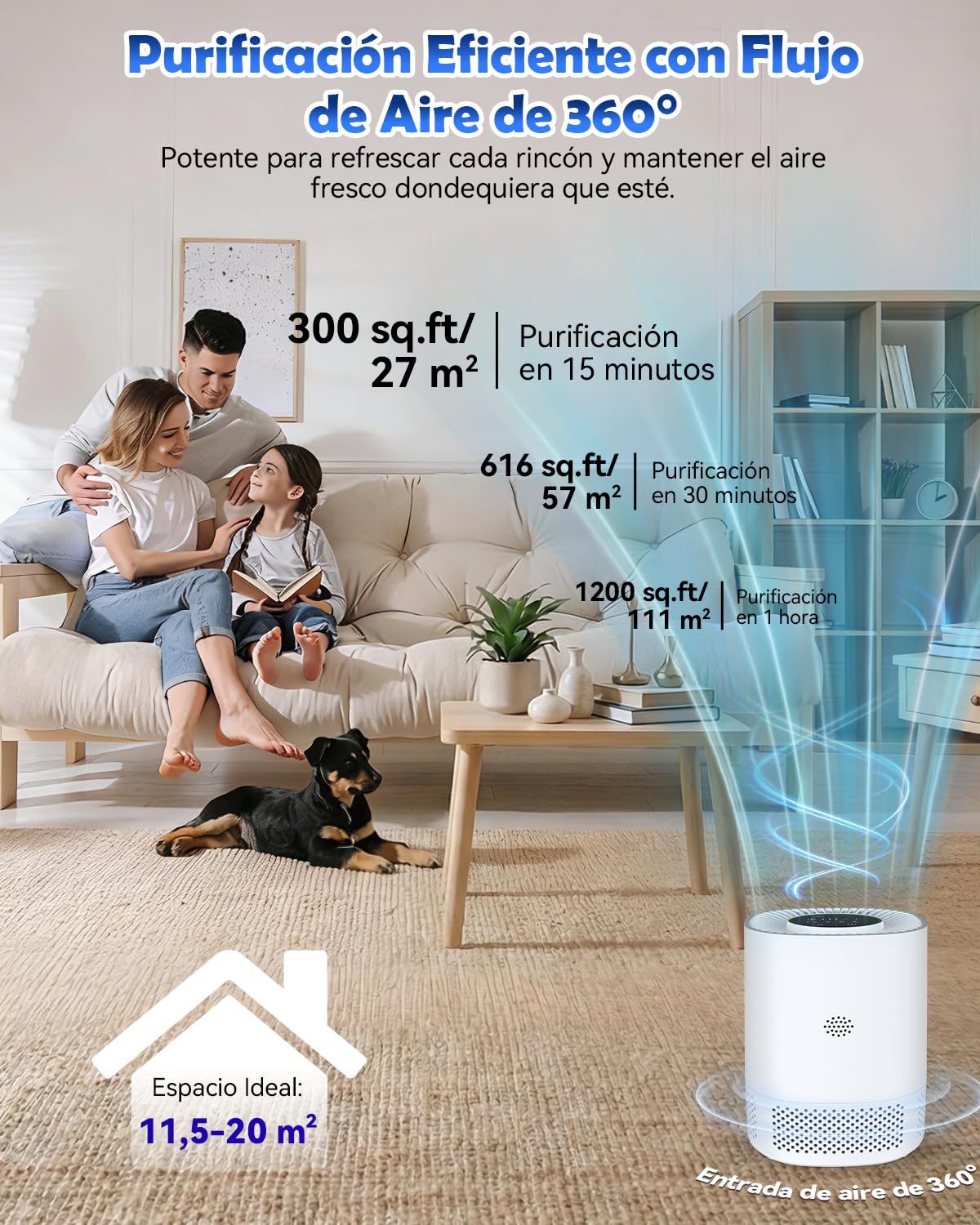 Purificador de Aire con Filtro HEPA, Air Purifier Silencioso 22dB, 99.97% Elimina Polen/Ácaros/Olores, 3 Velocidades, 2 Modes, APP Control, Temporizador 2H/4H/8H, Ideal para Alergias y Mascotas