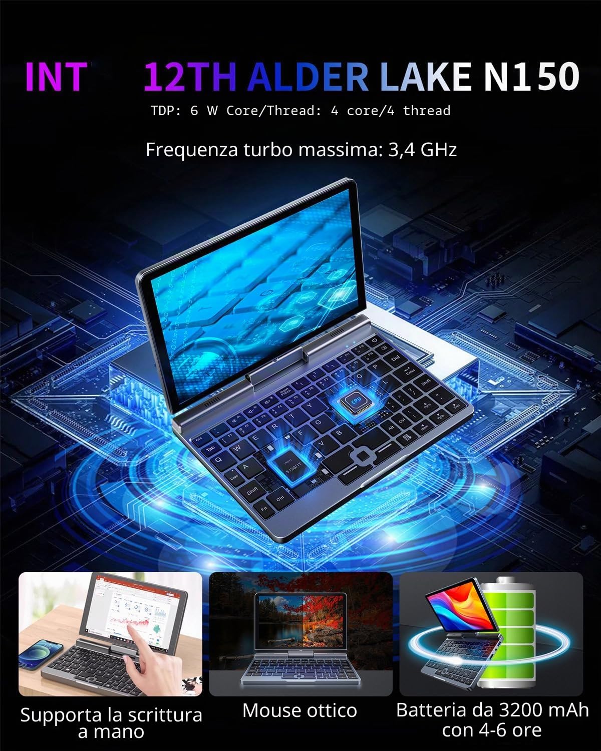 KOOFORWAY 8 Pollici 2-in-1 Mini Laptop, Schermo Touch HD Rotabile con Supporto per Scrittura Manuale, Windows 11 Pro, Laptop Compatto, N100, 12GB RAM, SSD da 512GB/1TB (BP8(12GB+512GB))
