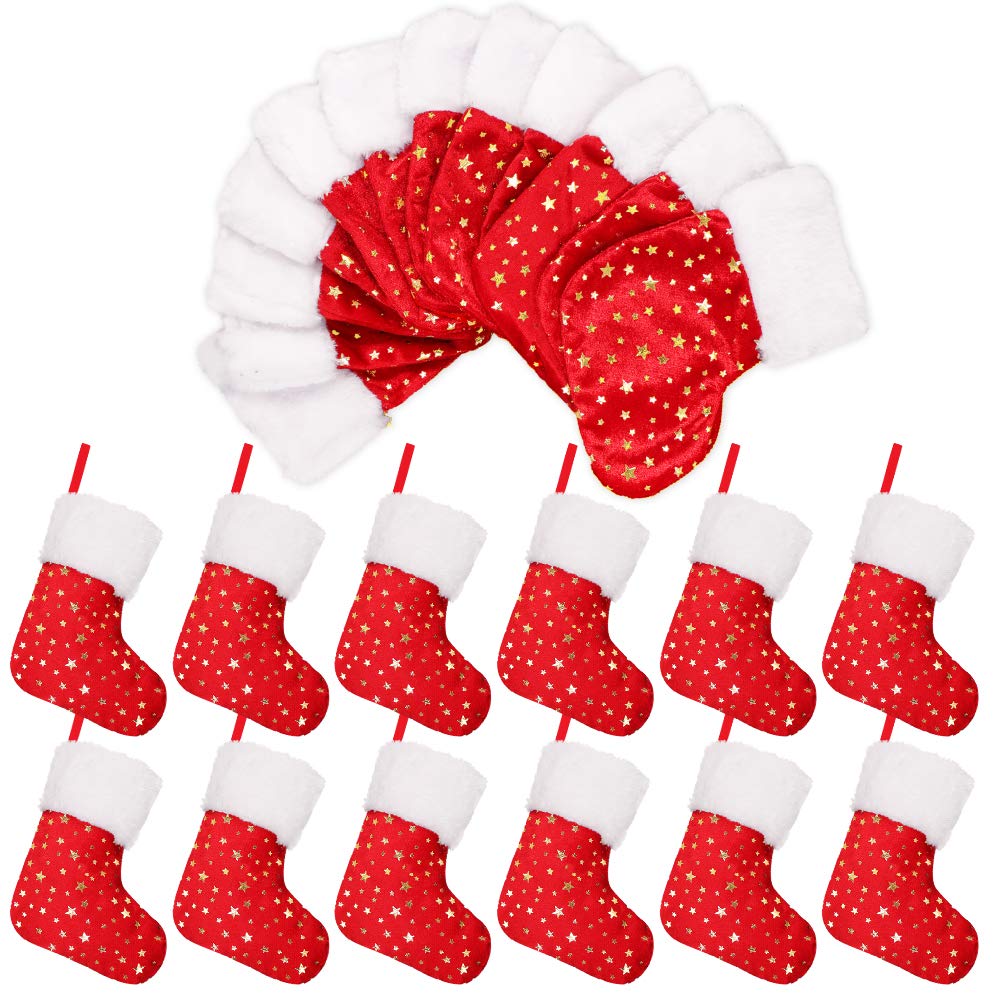 LimBridge Christmas Mini Stockings, 24 Pack 8 inches Glitter Star Print with Plush Cuff, Classic Stocking Decorations for Whole Family, Red