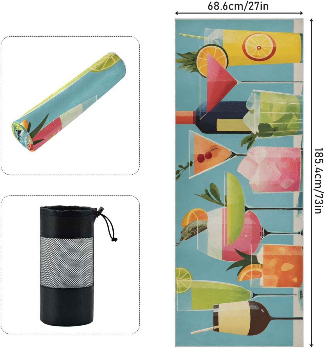 Yoga Mat Towel with Silicone Grip Dot Soda Bar Colors – 73"x27" Non-Slip Sweat Absorbent Microfiber Yoga Towel for Home Gym Studio
