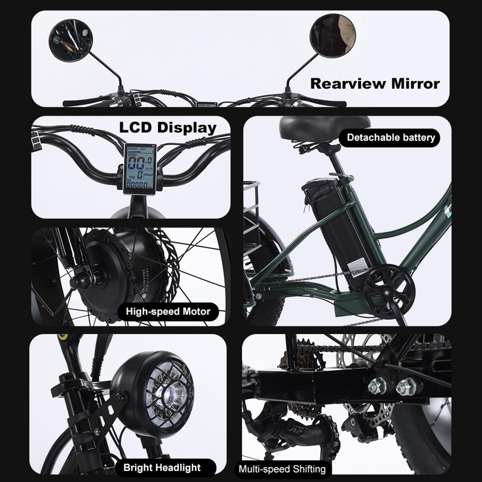 Triciclo Elettrico a 7 velocità per Anziani – E-Trike a 3 Ruote con Ampio Cestino – Triciclo Elettrico per Adulti con Pneumatici Fat da 24" X 4.0" – Display LCD, Autonomia di 65 Km Green