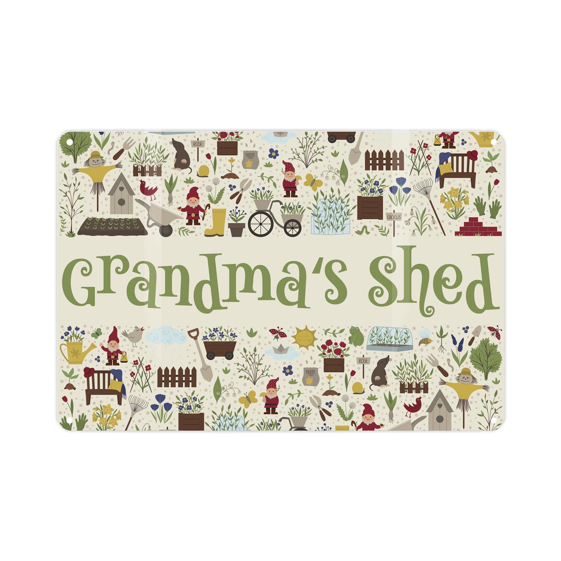 Grandmas Shed Sign - Green Cartoon Gardening Doodles Metal Plaque Plants Garden Present - Wall Decor 28cm x 20cm Gifts for Mothers Day