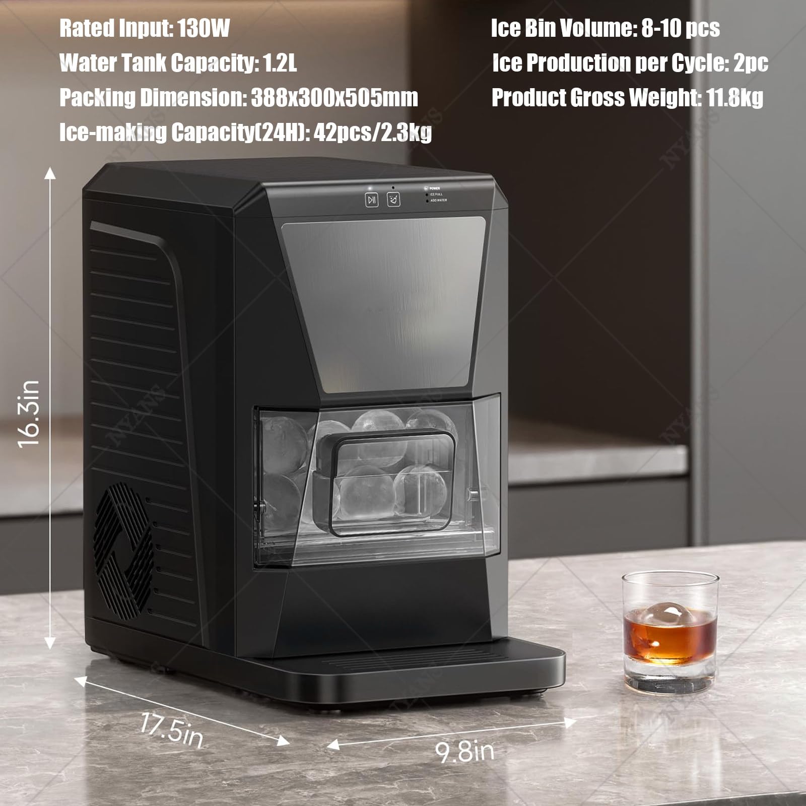 NYANS Máquina para Hacer Bolas De Hielo Transparentes De 2 Pulgadas: 2 Bolas De Hielo Listas En 40-60 Minutos, Autolimpiable con Pinzas para Cócteles, Whisky y Bourbon. 42 Piezas/Día