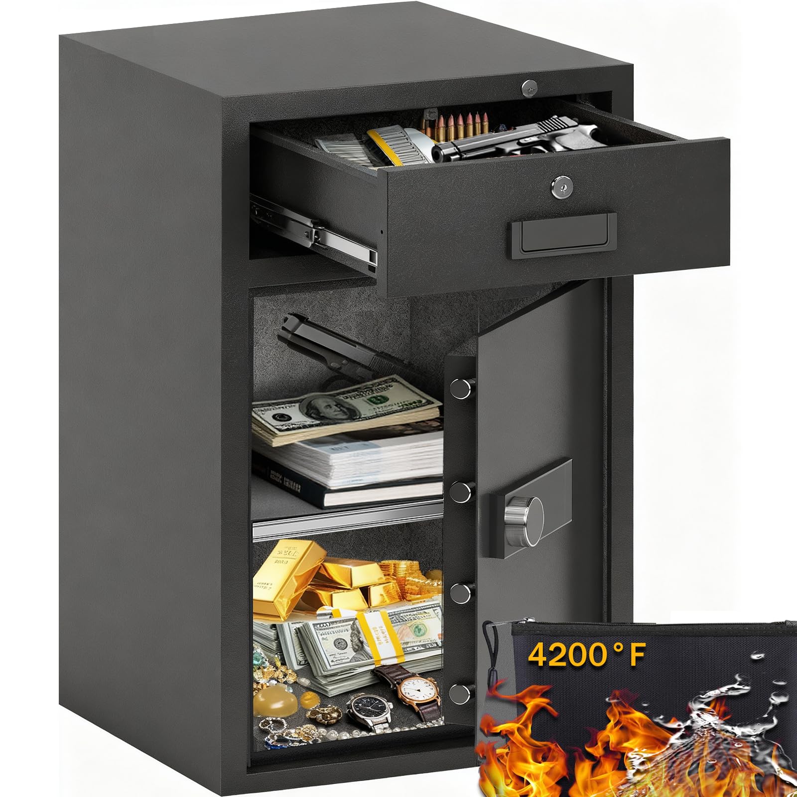 BUTISOW Cassaforte per casa e ufficio con serratura per cassetto e guida scorrevole silenziosa | 5.1 Cuft, 3 metodi di sblocco, ripiani rimovibili, allarme vibrazione, borsa impermeabile ignifuga