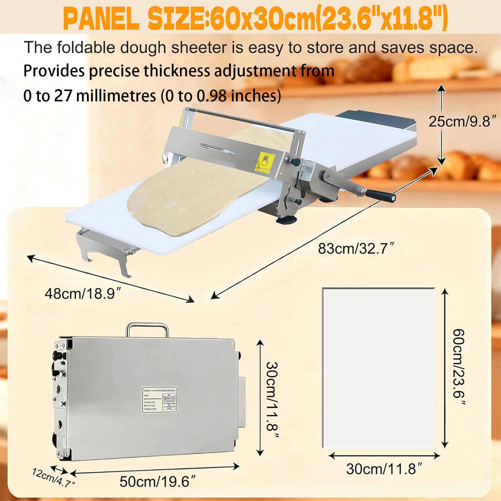 Sfogliatrice Manuale Pieghevole, Sfogliatrice da Banco per Pasticceria Acciaio Inossidabile, Spessori 0-27 mm Regolabili, Pannello 30x60cm/40x90cm, per Pizza, Croissant