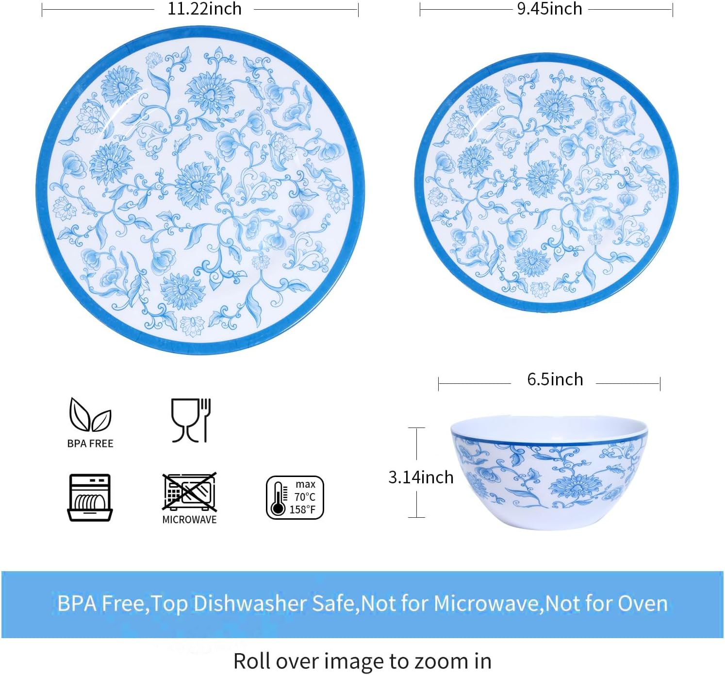 Melamine Dinnerware Set 12-Piece for 4 Dish Set Plates Bowls Unbreakable Dishware for Indoor Outdoor Use Lightweight Durable for Camping Picnics Parties Blue