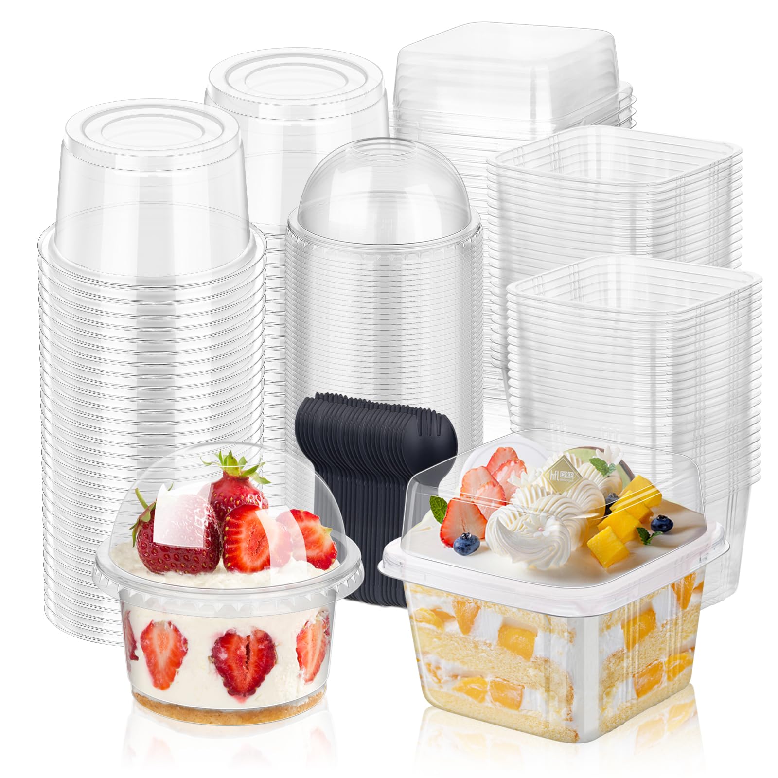 tchrules 100 Plastic Dessert Cups with Lids and Sporks Parfait Cups with Lids Disposable Dessert Cups for Yogurt Pudding Jello Shot and Mousse (8 OZ)