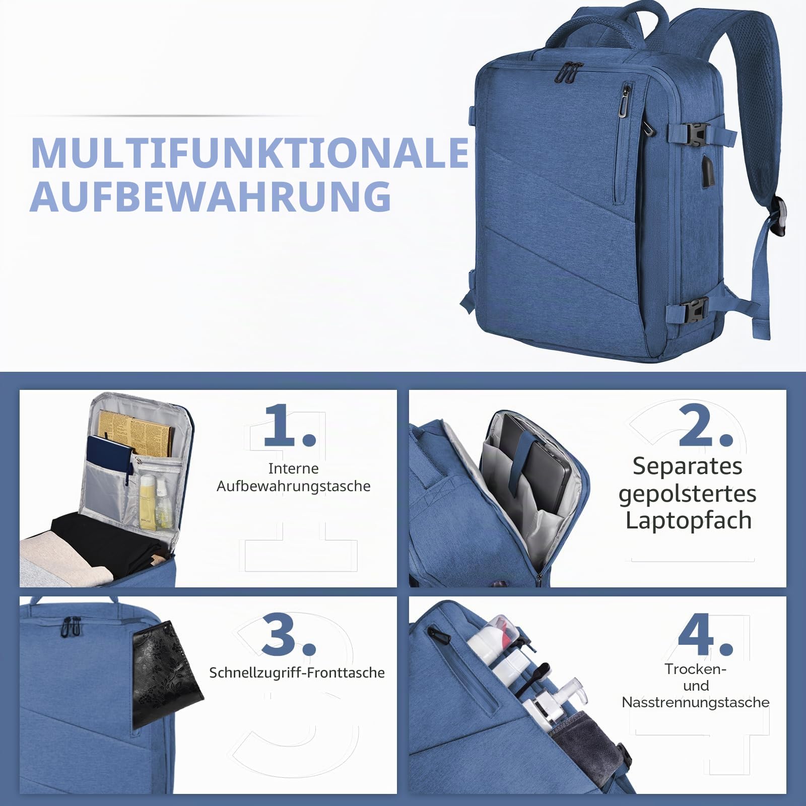 Handgepäck Reiserucksack 45x36x20 für Easyjet, Rucksack Travel Backpack Wasserdichter Tagesrucksack Schultasche Wanderrucksack (Blau)