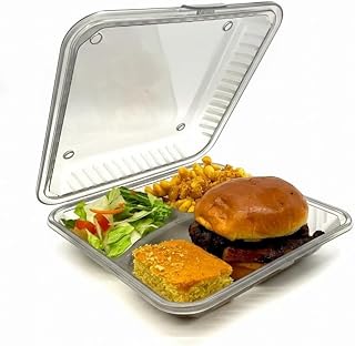 FSE Reusable to Go Take Out Container, 3-Compartment, BPA Free, 9" x 9" x 2.5", Smoke Gray, Ideal for Meal Prep, Microwave and Dishwasher Safe