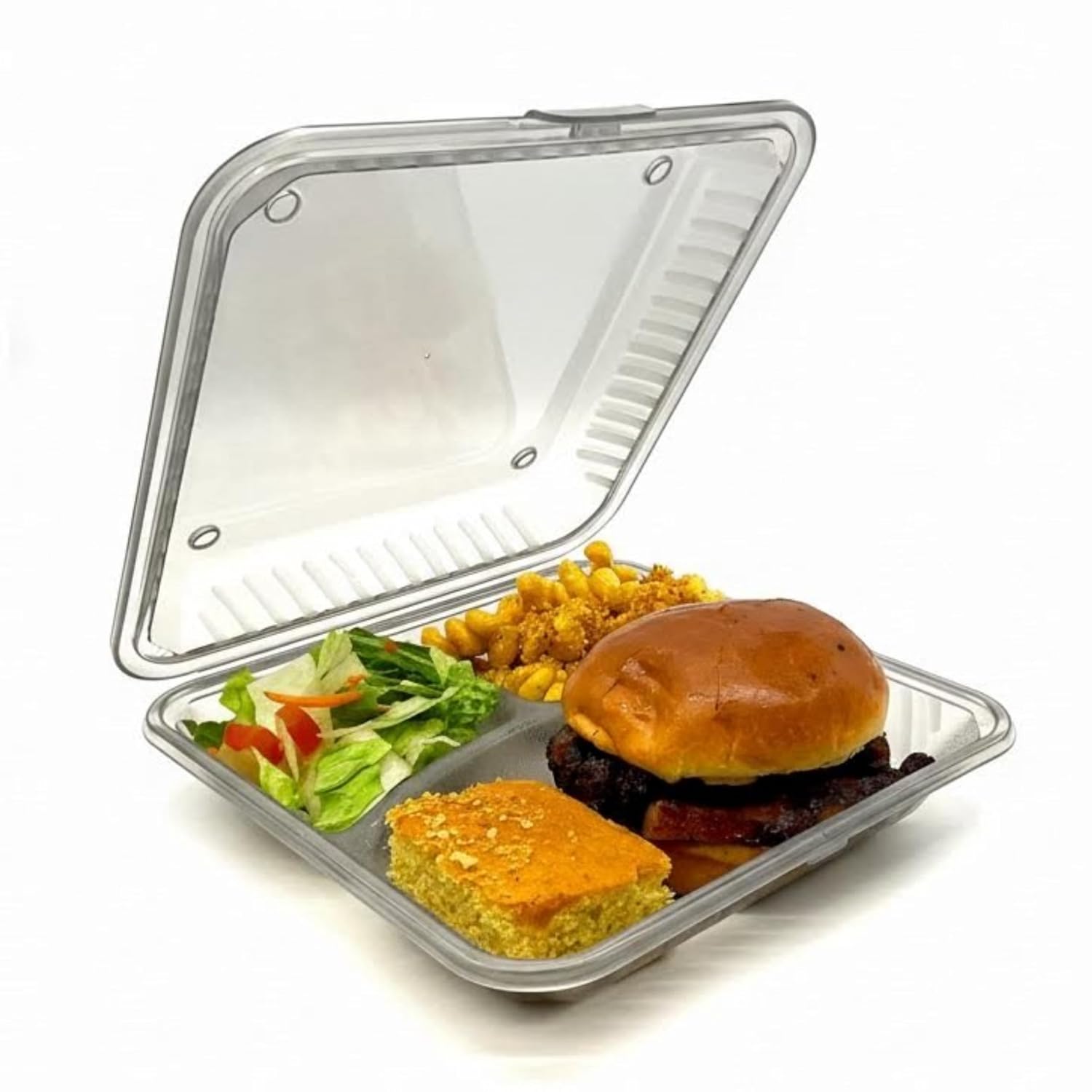 FSE Reusable to Go Take Out Container, 3-Compartment Meal Prep Box 9" x 9" x 2.5", Polypropylene, Microwave & Dishwasher Safe, Stackable Food Storage Container (Green)