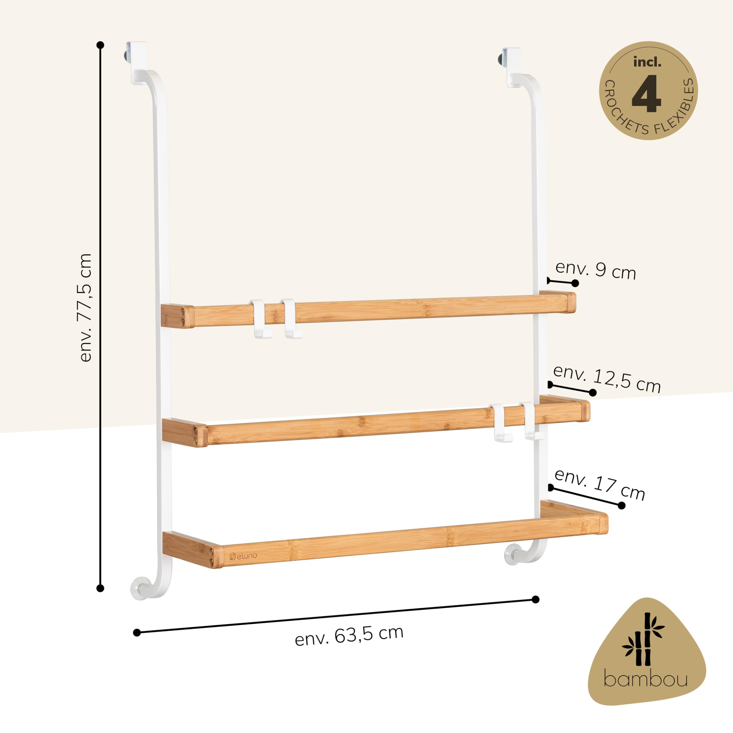 eluno Porte-serviettes pour paroi de douche en verre en métal et bambou, porte-serviettes avec 3 barres, 4 crochets pratiques, à suspendre sans perçage, blanc