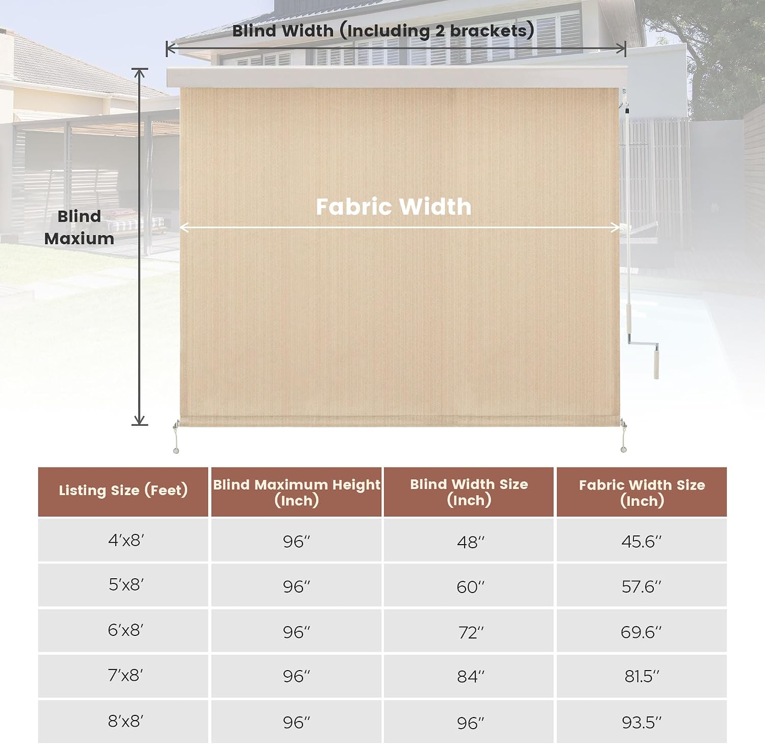 Outdoor Cordless Roller Shade 4'W×8'L, Exterior Patio Roll Up Blind with Aluminum Valance, 220GSM for Porch Deck Balcony, Wheat