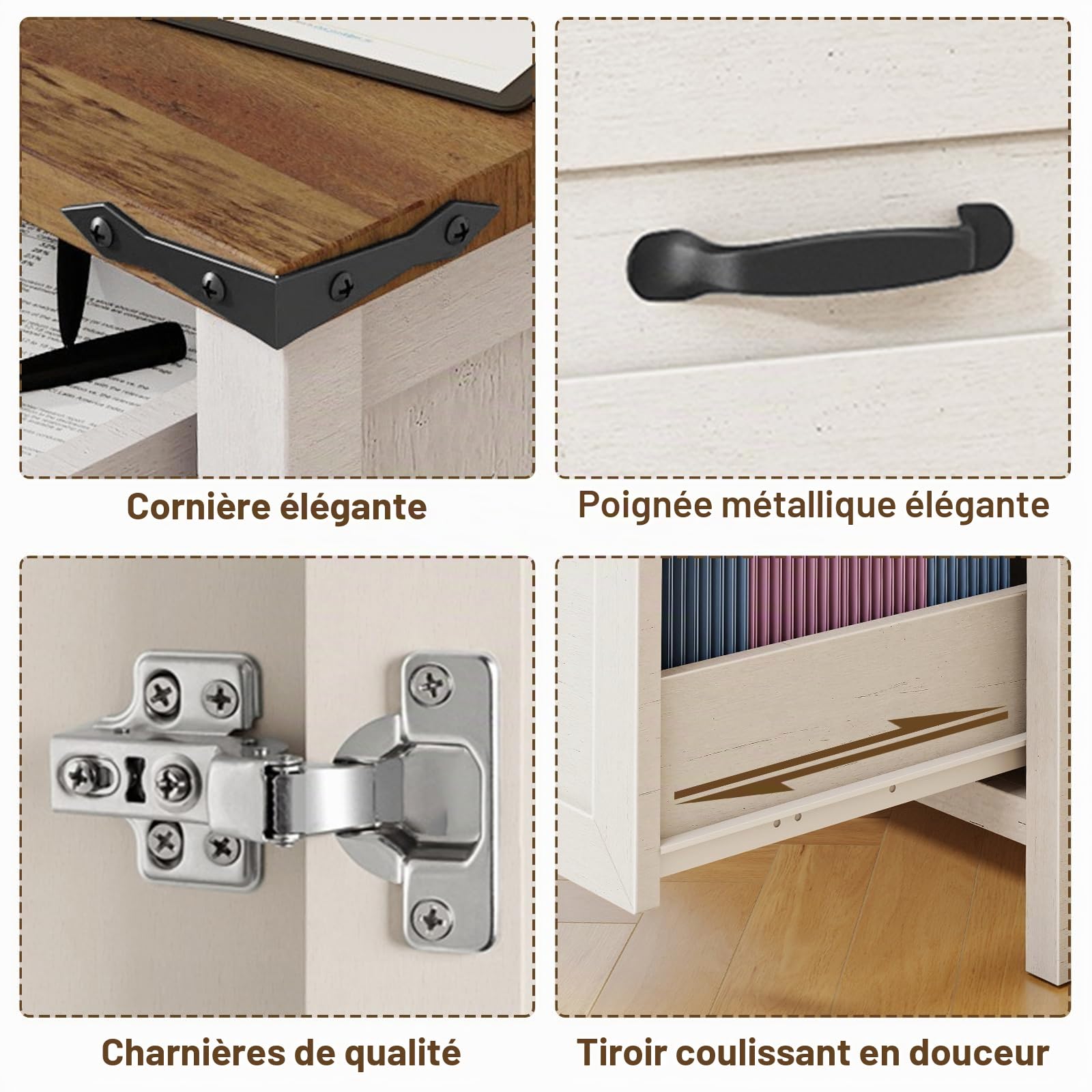 BonVache Meuble de Rangement Bureau 3 Tiroirs, Armoires à classeurs latéraux Style Campagnard, Meuble Imprimante avec Rangement, Blanc Rustique pour Dossiers Suspendus A4/Letter, 80 cm