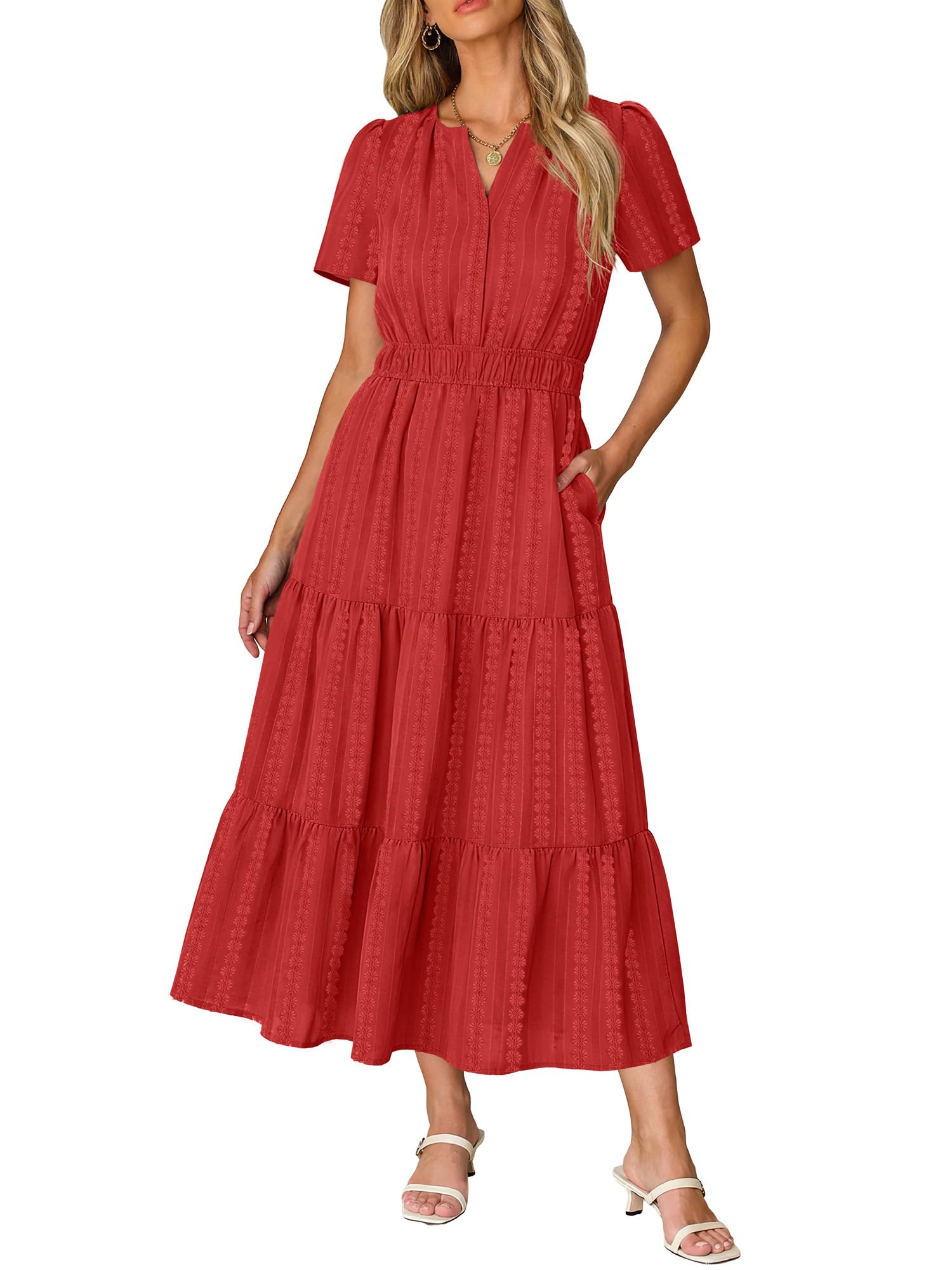 RUMIA Women Casual Midi Maxi Dresses Short Sleeve V Neck Elastic Waist Vacation Dress Pockets（S-2XL — view 8