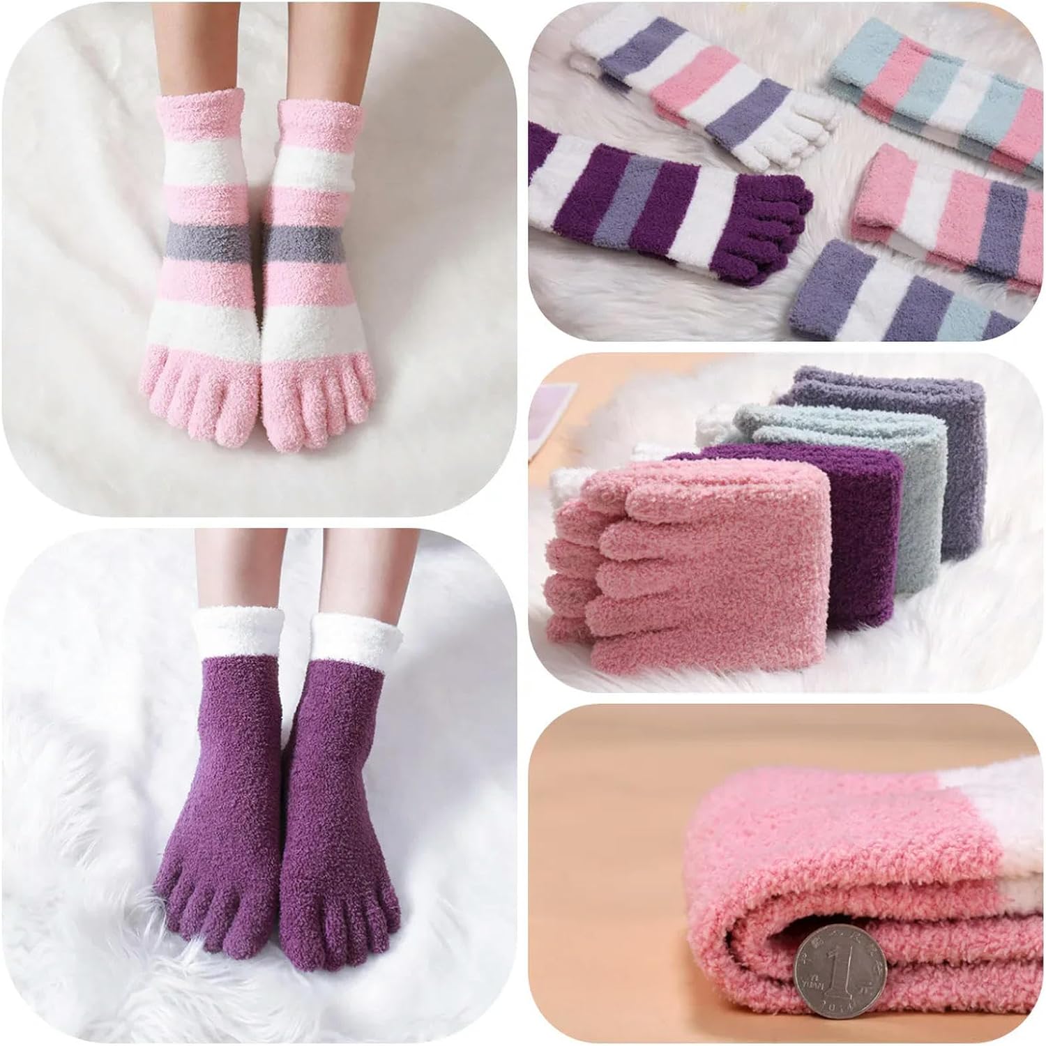 MdybF Teensokken 3 paar dames dikke vijf vingers sokken winter warm koraal fleece pluizige teen sokken gestreepte zachte gezellige kousen meisjes vrouwelijke vloer slippers-2