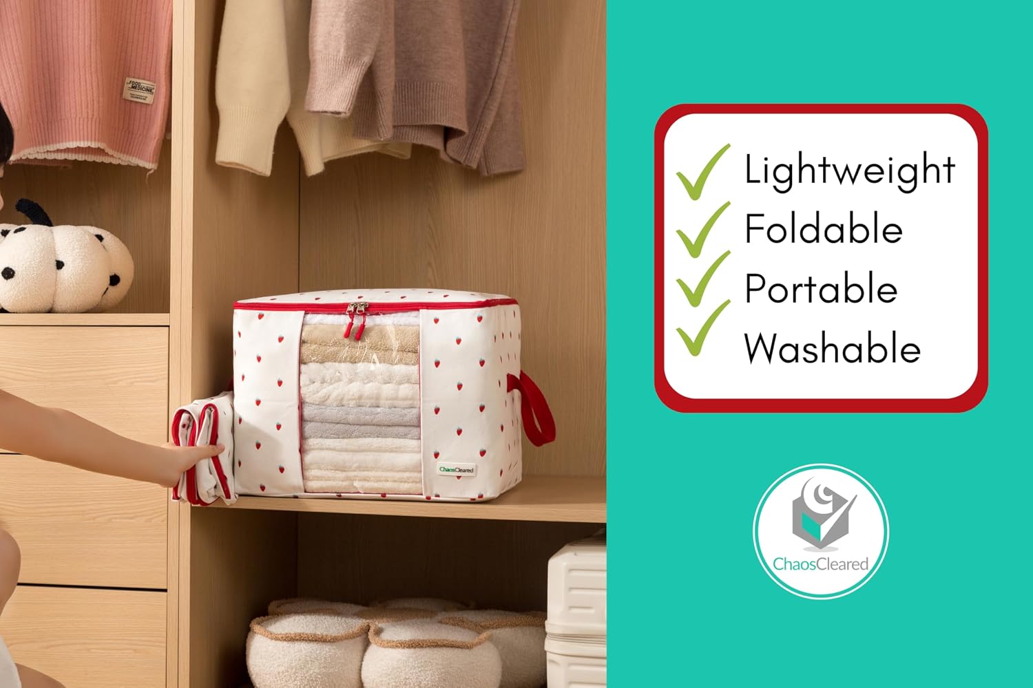Chaos Cleared Canvas Storage Bags Designer Organizer 2 Pack – Seasonal Storage for Sweaters, Blankets, Linens & Garments – Foldable Design with Zip & Window, Moth-Proof Space Saver, Strawberry Print