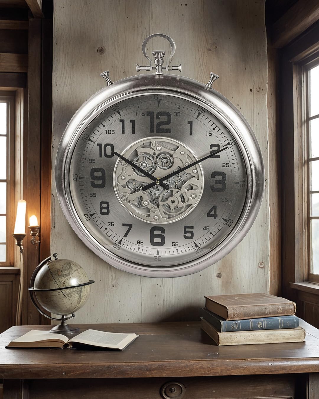 formano XXL Wanduhr Silver 52x60cm Metall Uhr mit beweglichen Zahnrädern Modern Wanddeko aus Metall Silber Batteriebetrieben Wohnzimmer Schlafzimmer Büro Quarzwerk Analog