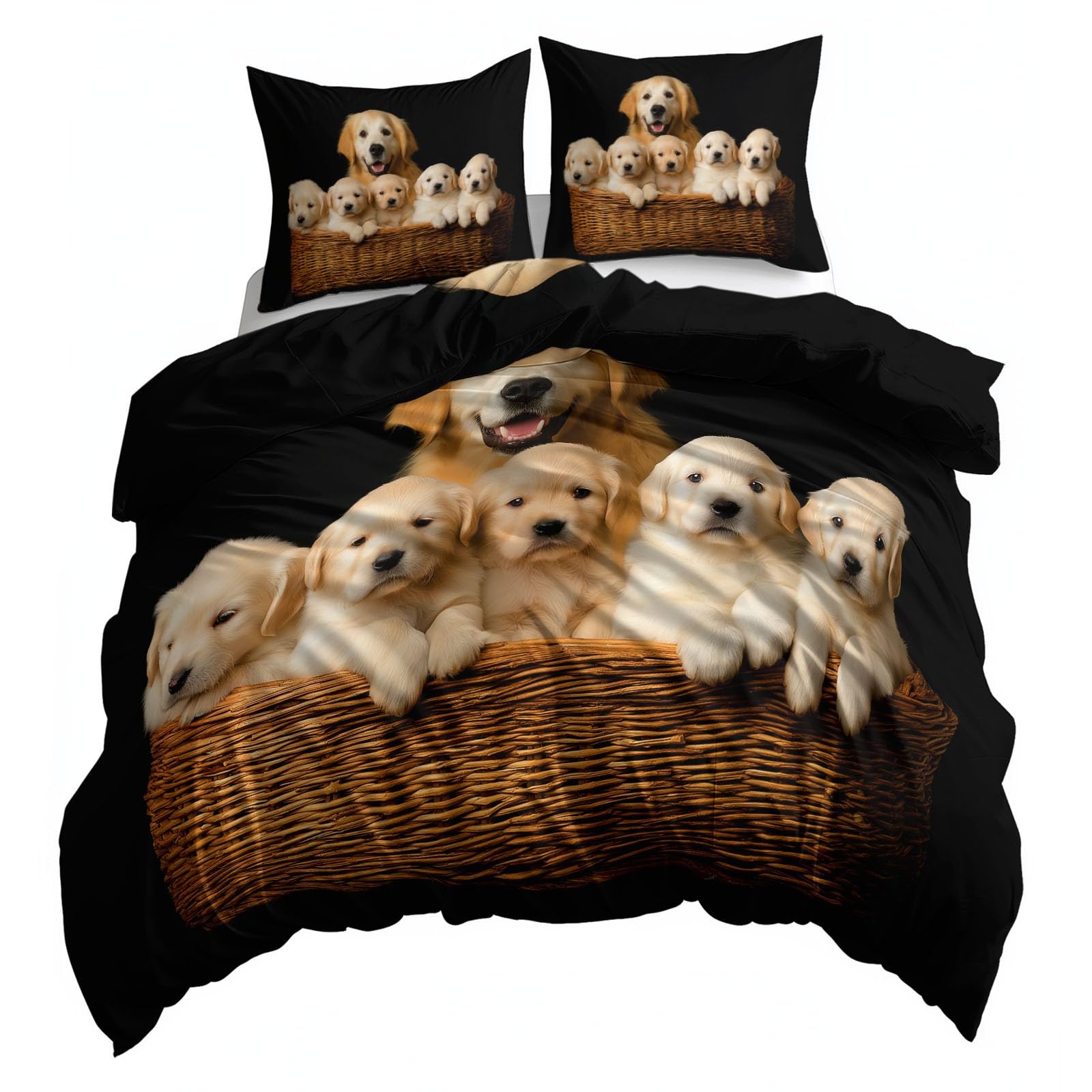 Poszwa na kołdrę Łóżko 105 Zwierząt Rodzina Golden Retriever 200 x 200 cm Miękki zestaw pościeli, czarny zestaw poszewek z mikrofibry Edredon i 2 poszewki na poduszki, łatwa pielęgnacja