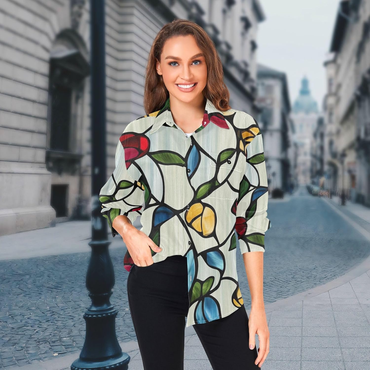 Color Oil Painting Sense Flowers Woolen Cord Fabric Mens Rugby Shirts Long Sleeve for Women Flannel with Pockets